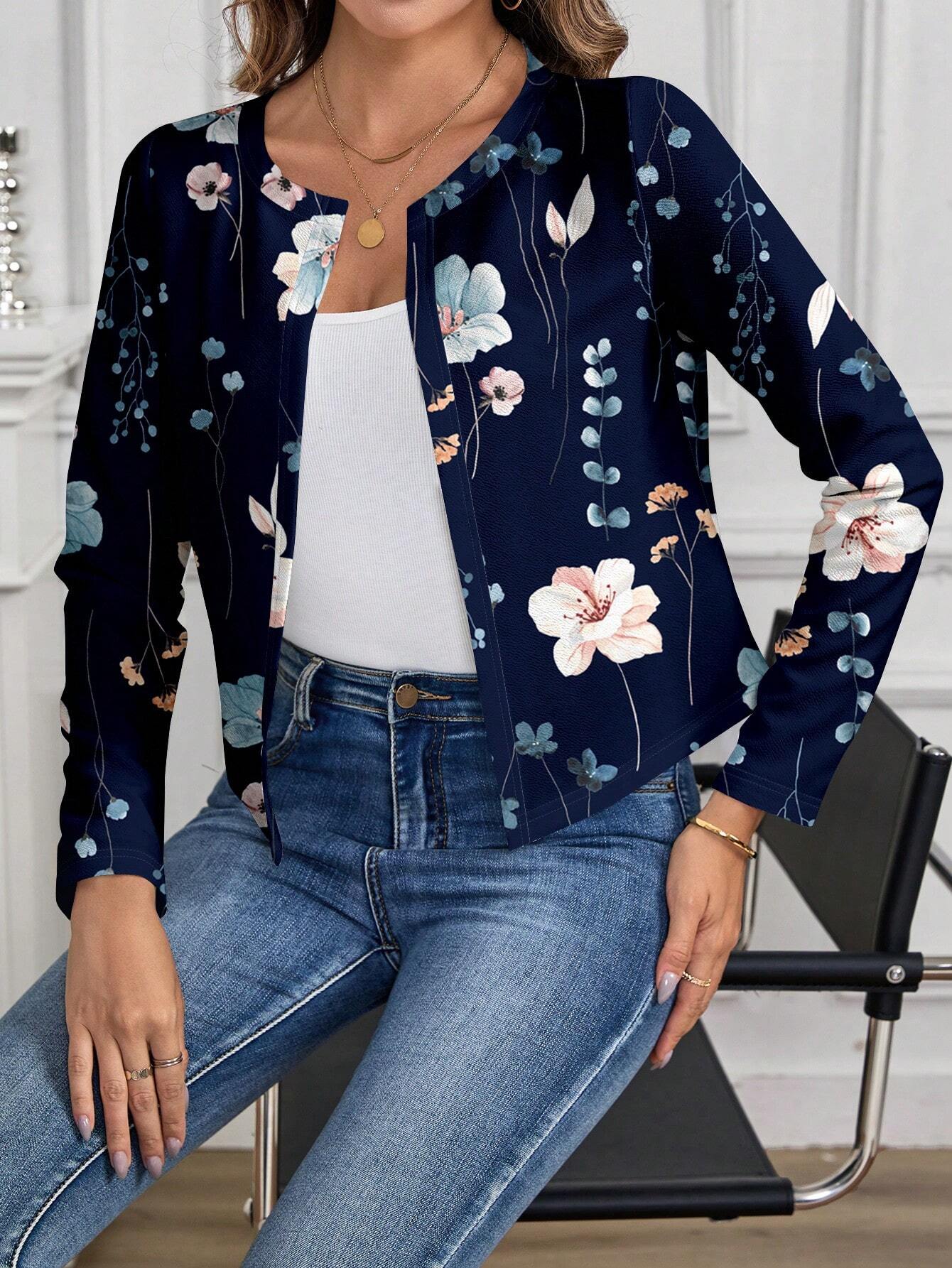 Clasi Elegant Floral Print Open Front Jacket For Women, Suitable For Summer & Autumn