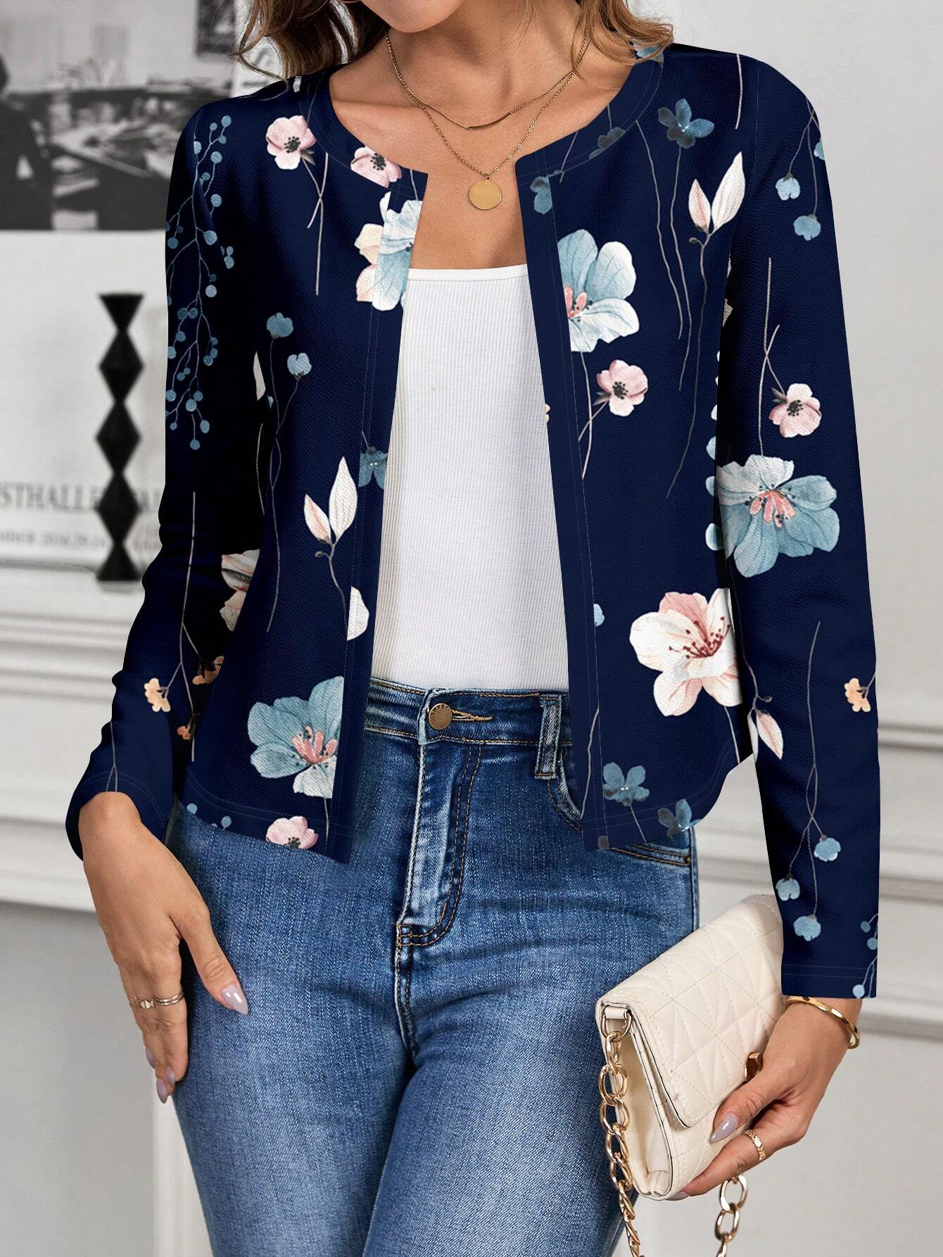 Clasi Elegant Floral Print Open Front Jacket For Women, Suitable For Summer & Autumn