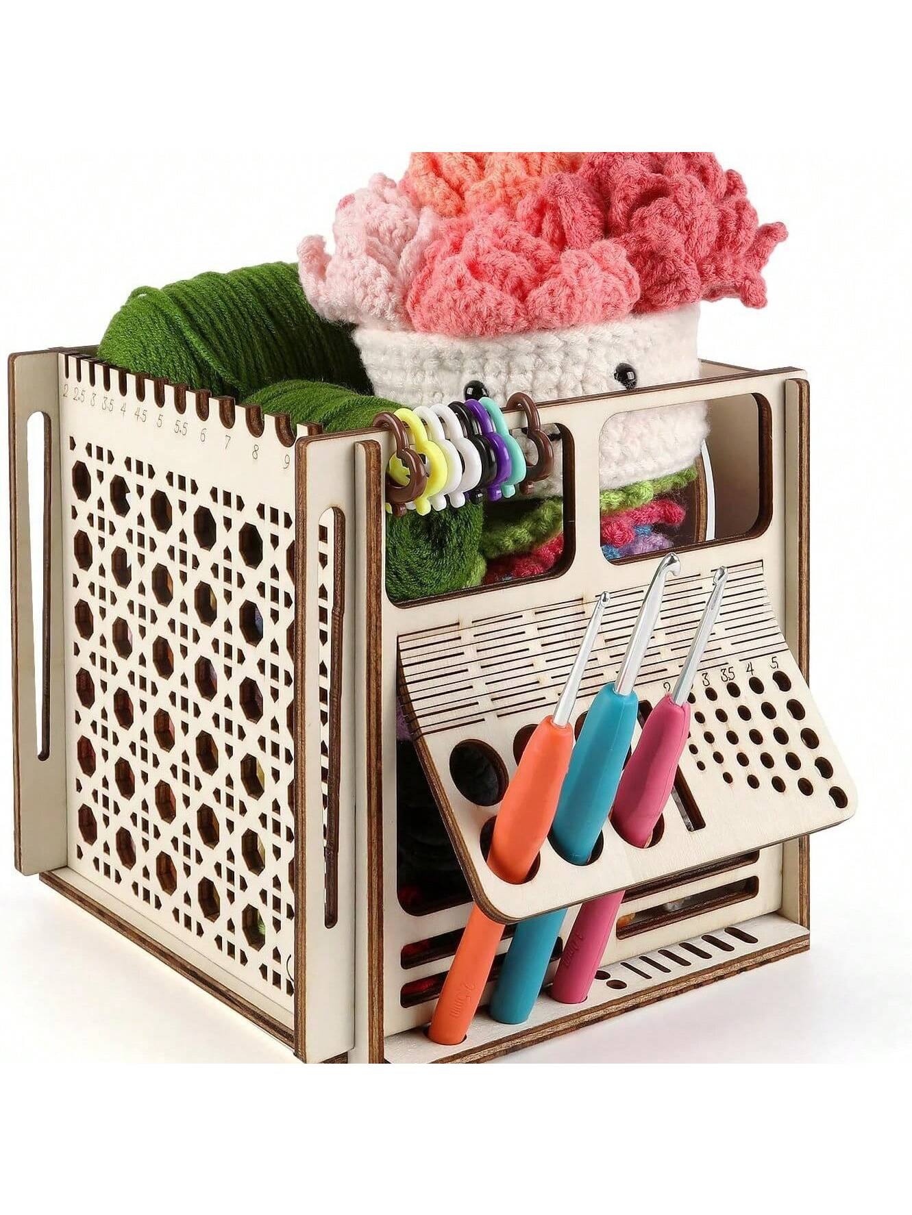 1pc Multifunctional Knitting Accessory Kit With Integrated Wooden Yarn Bowl, Crochet Tool Organizer, Wool Storage Rack