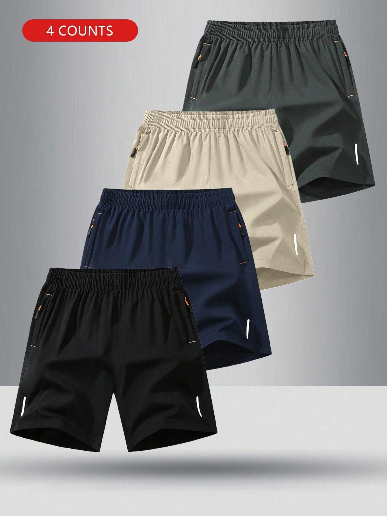 4pcs/Set Men's Casual Shorts With Elastic Waist And Zipper Design, Black   Blue   Grey   Army Green