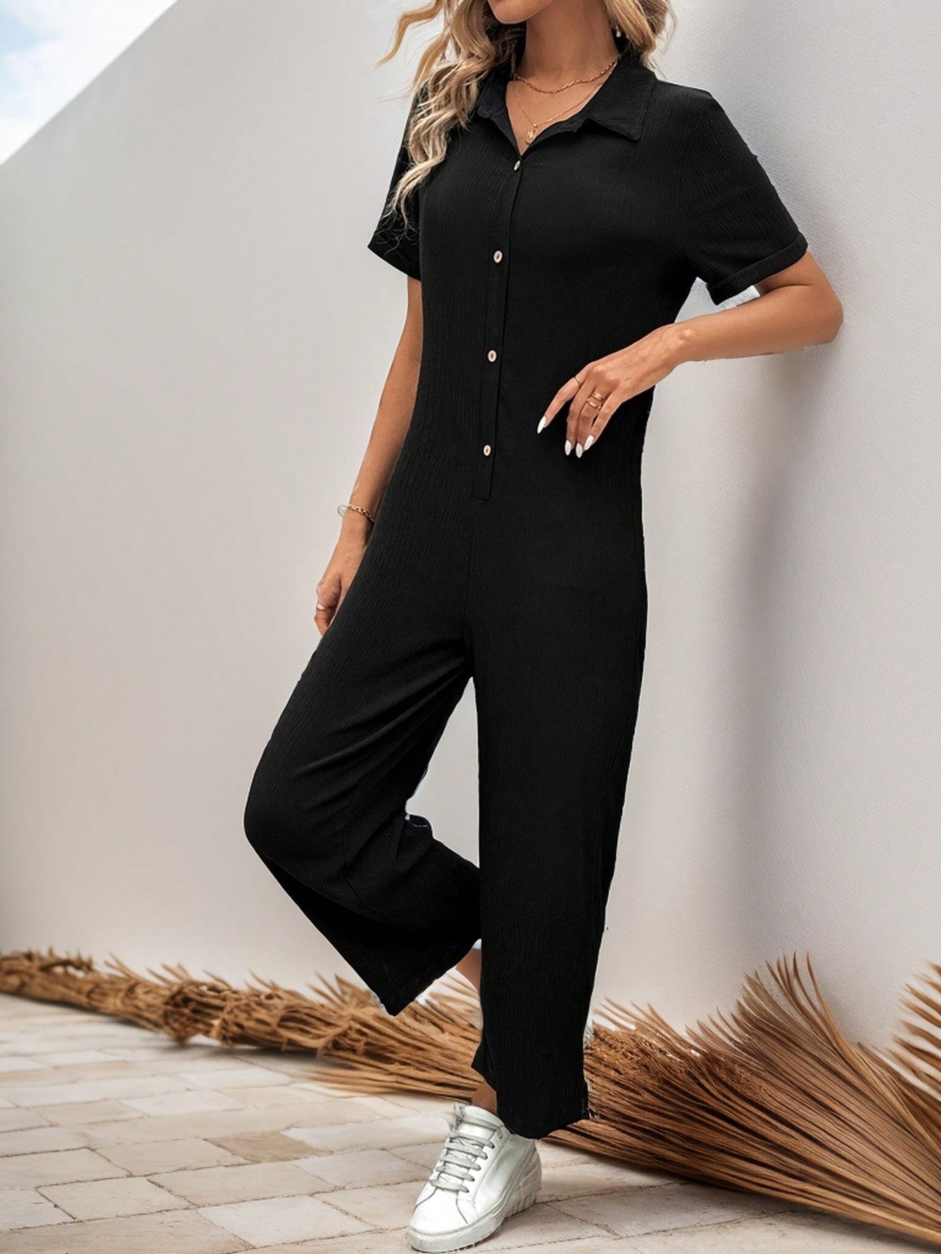 LUNE Summer Women Short Sleeve Batwing Loose Fit Jumpsuit With Front Buttons And Wide Leg Shirt Casual Outfit