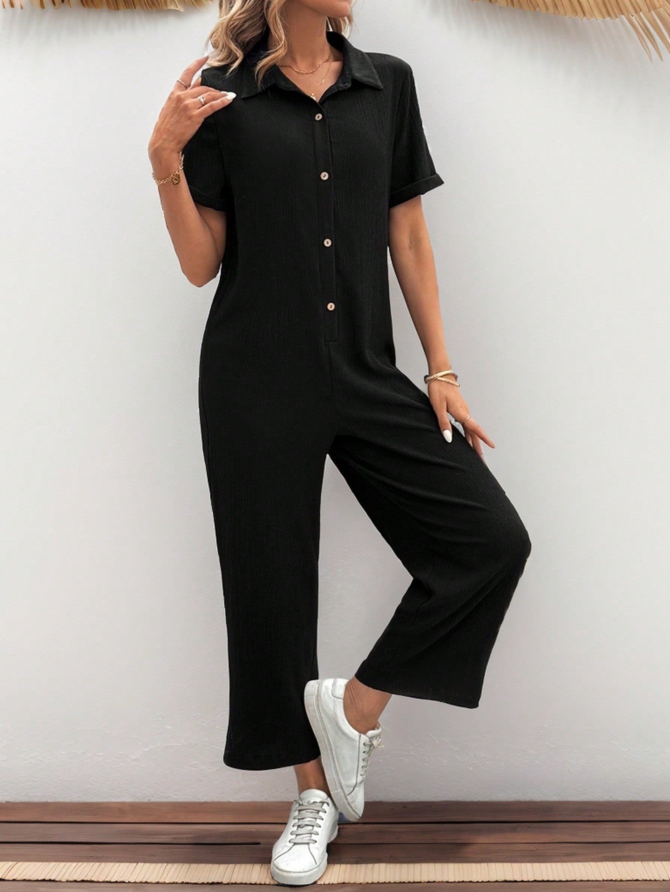 LUNE Summer Women Short Sleeve Batwing Loose Fit Jumpsuit With Front Buttons And Wide Leg Shirt Casual Outfit