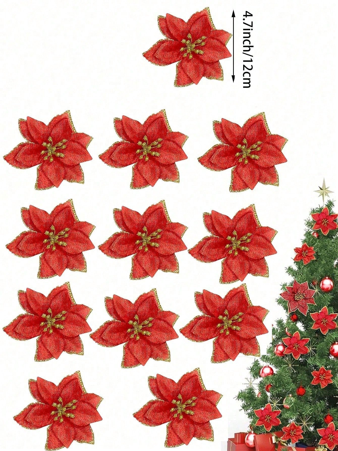 12 Pieces Glitter Poinsettia Christmas Tree Ornaments Artificial Wedding Christmas Flowers Christmas Tree Garland Ornaments, 5.5 Inch, Not Including Clips And Sticks (Red And Gold Available)