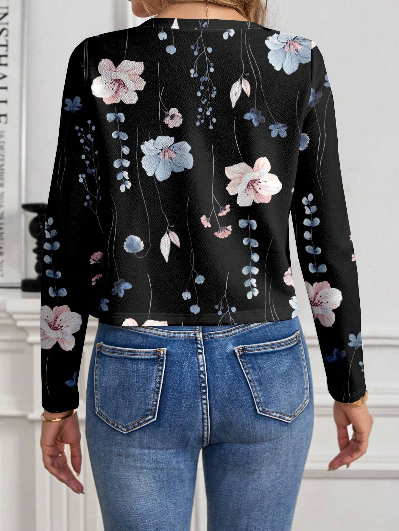 Clasi Elegant Floral Print Open Front Jacket For Women, Suitable For Summer & Autumn