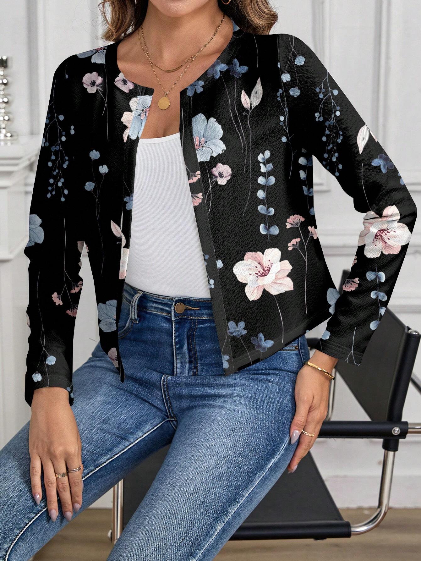 Clasi Elegant Floral Print Open Front Jacket For Women, Suitable For Summer & Autumn