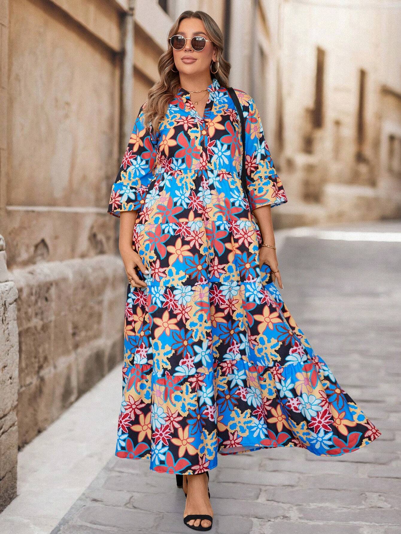 LUNE Plus Size Floral Allover Print Notched Neck Dress For Casual/Vacation Wear Christmas Women Clothes Christmas Dress