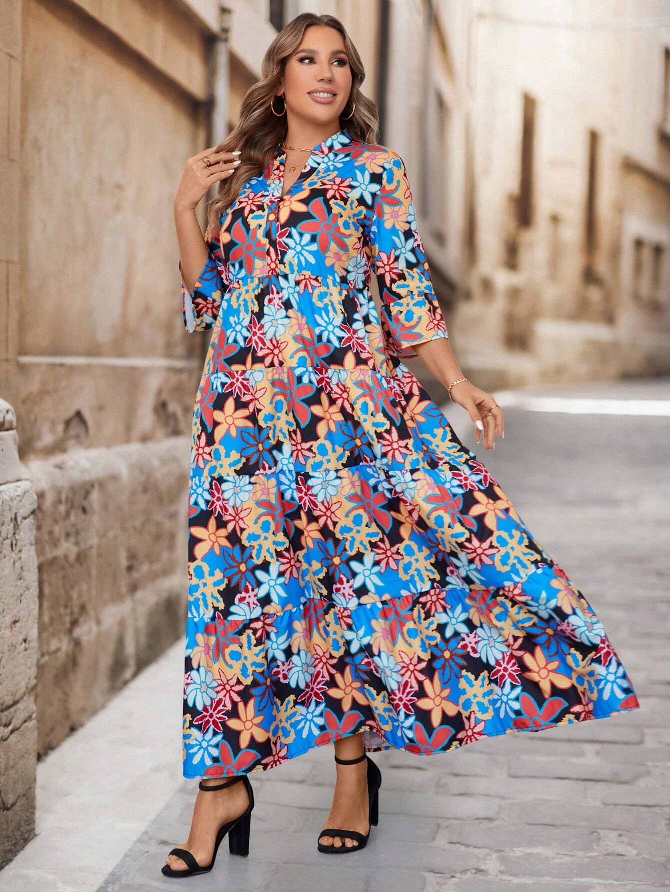 LUNE Plus Size Floral Allover Print Notched Neck Dress For Casual/Vacation Wear Christmas Women Clothes Christmas Dress