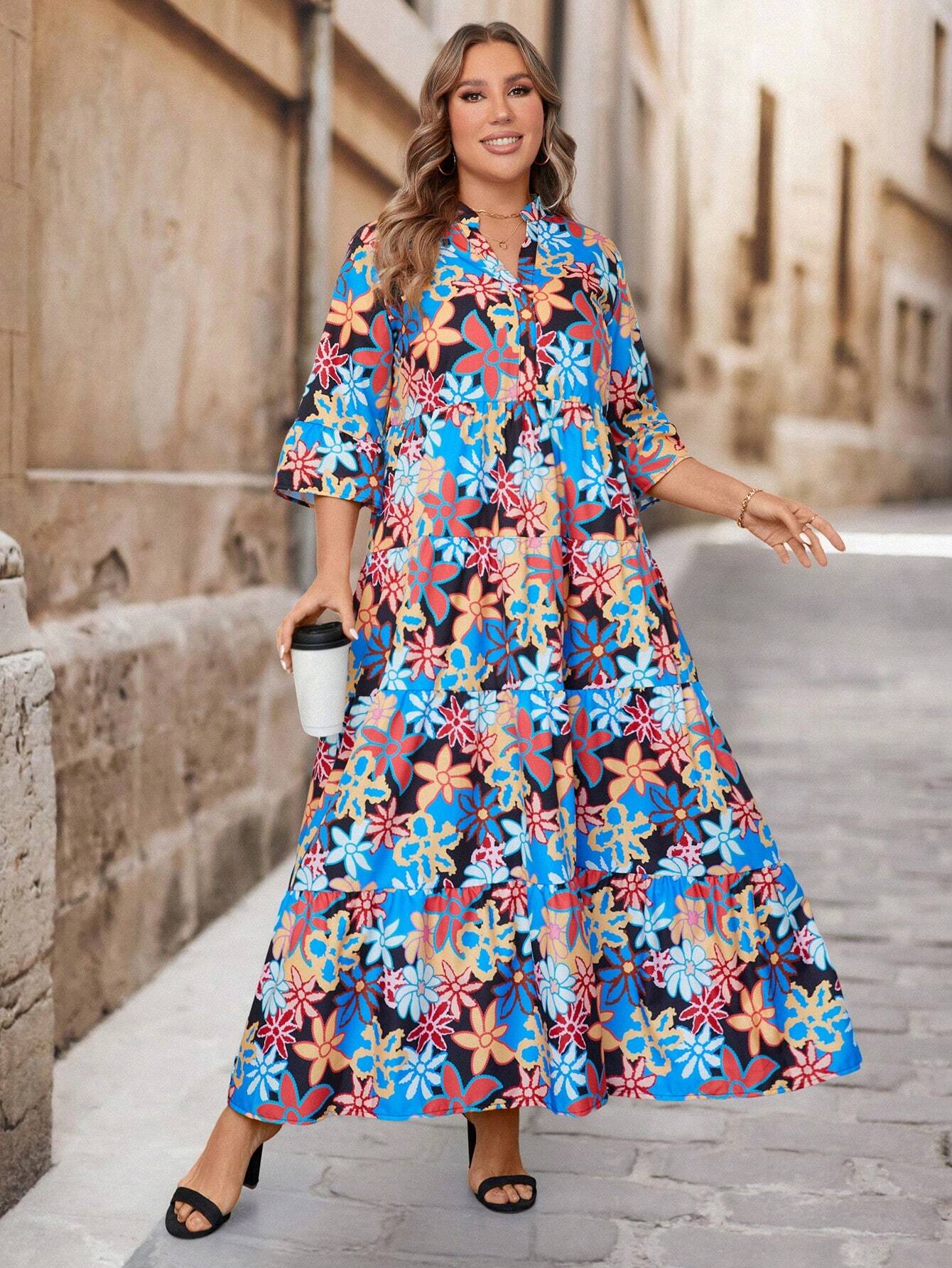 LUNE Plus Size Floral Allover Print Notched Neck Dress For Casual/Vacation Wear Christmas Women Clothes Christmas Dress