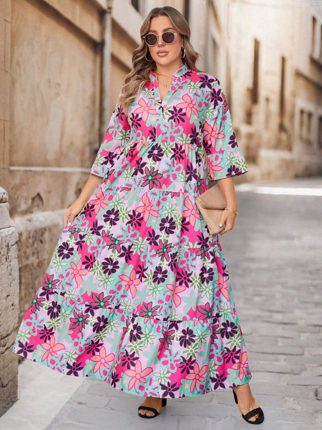 LUNE Plus Size Floral Allover Print Notched Neck Dress For Casual/Vacation Wear Christmas Women Clothes Christmas Dress