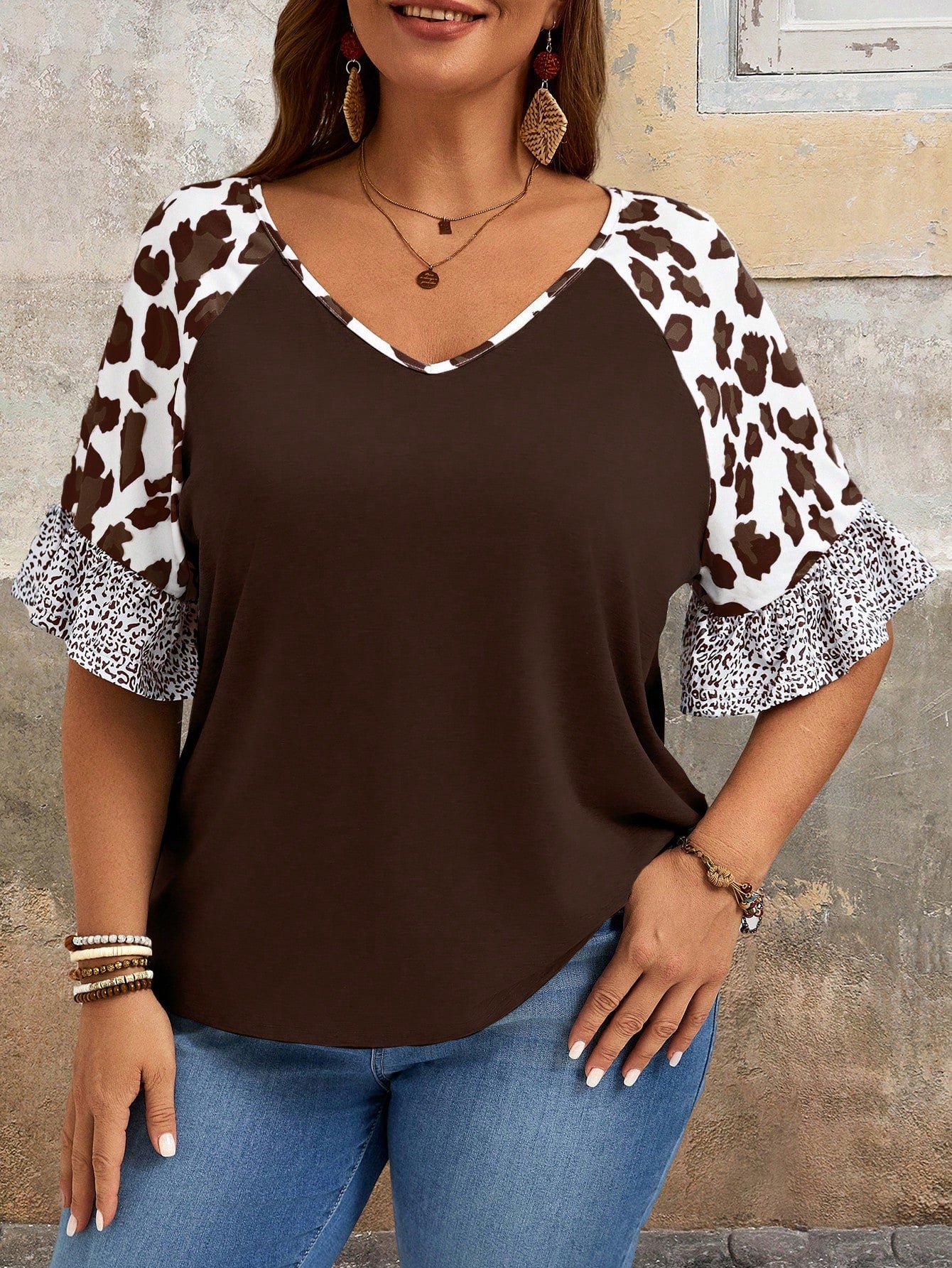 EMERY ROSE Plus Size Summer Casual Leopard Print Patchwork T-Shirt