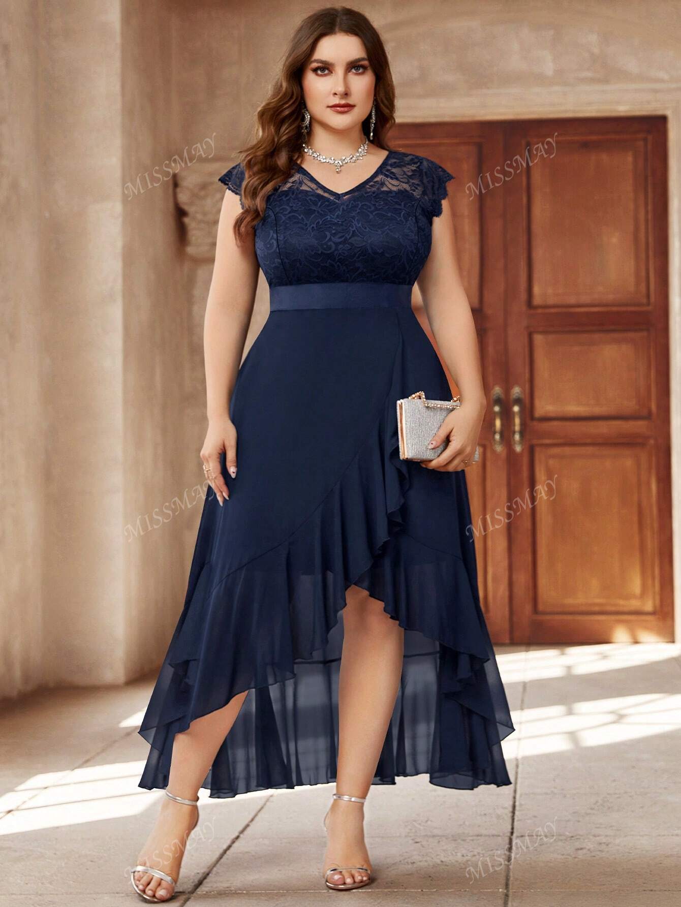 Plus Contrast Lace Chiffon Ruffle Split Hem Formal Party Long Dress