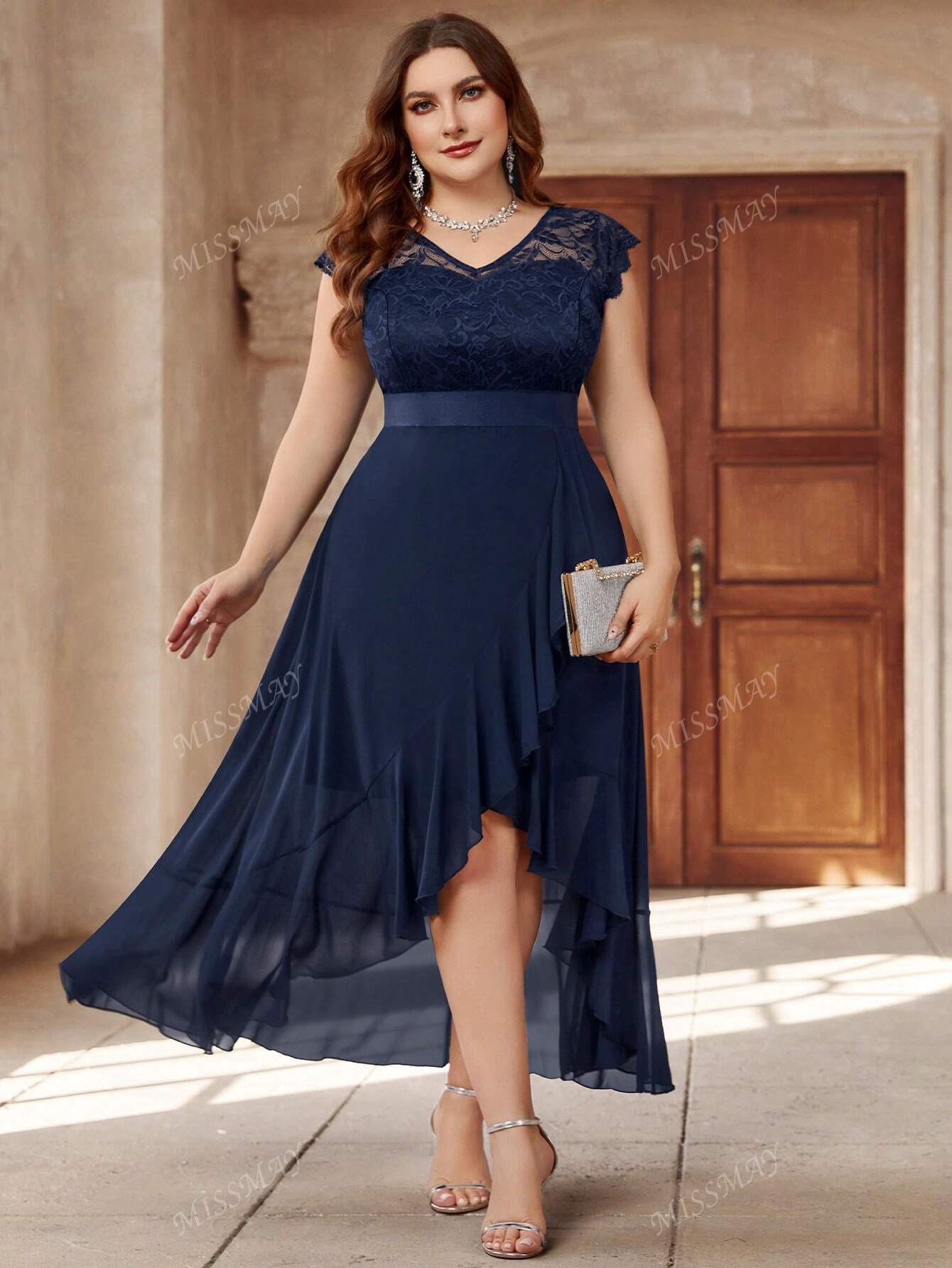 Plus Contrast Lace Chiffon Ruffle Split Hem Formal Party Long Dress