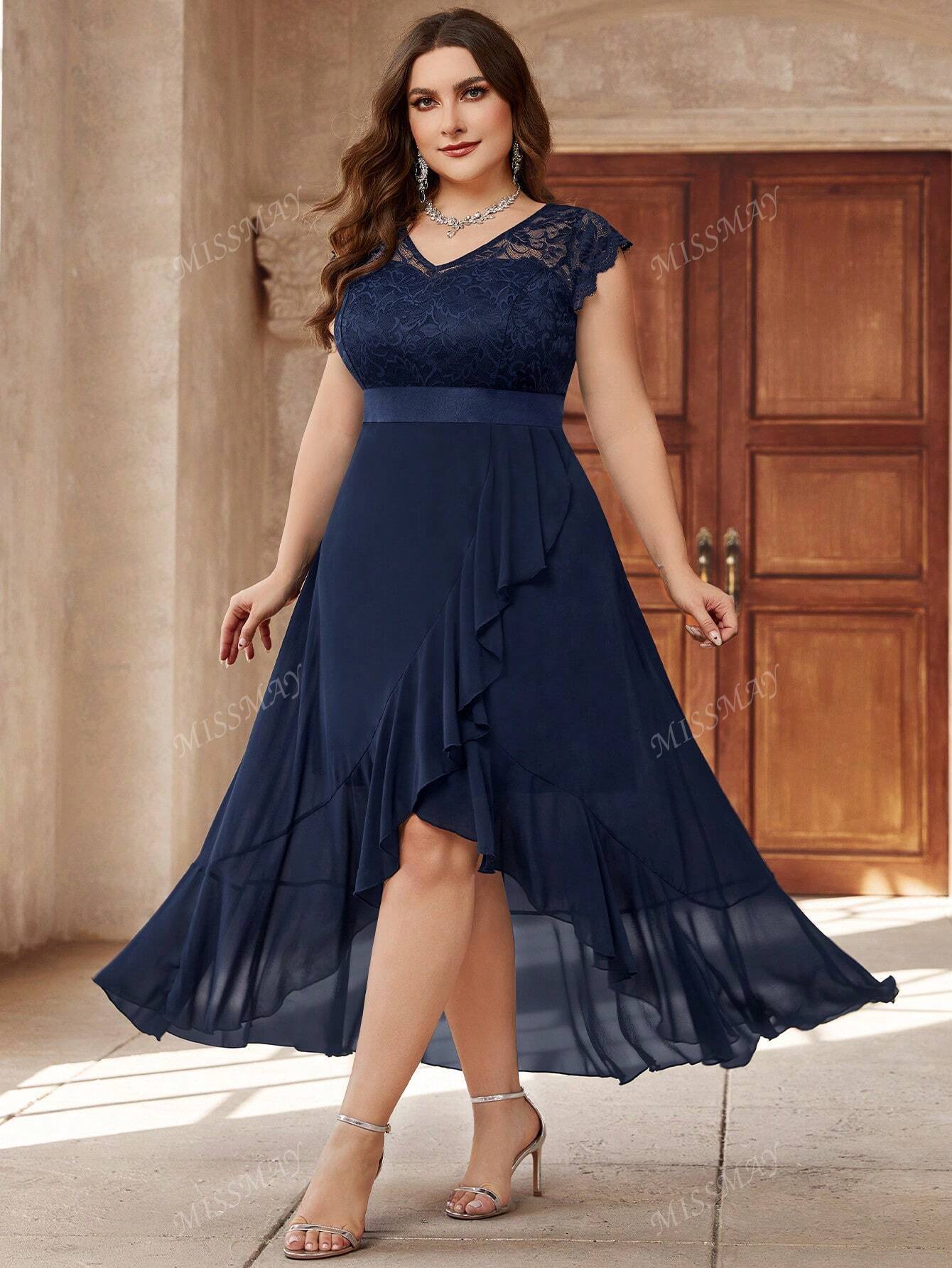 Plus Contrast Lace Chiffon Ruffle Split Hem Formal Party Long Dress