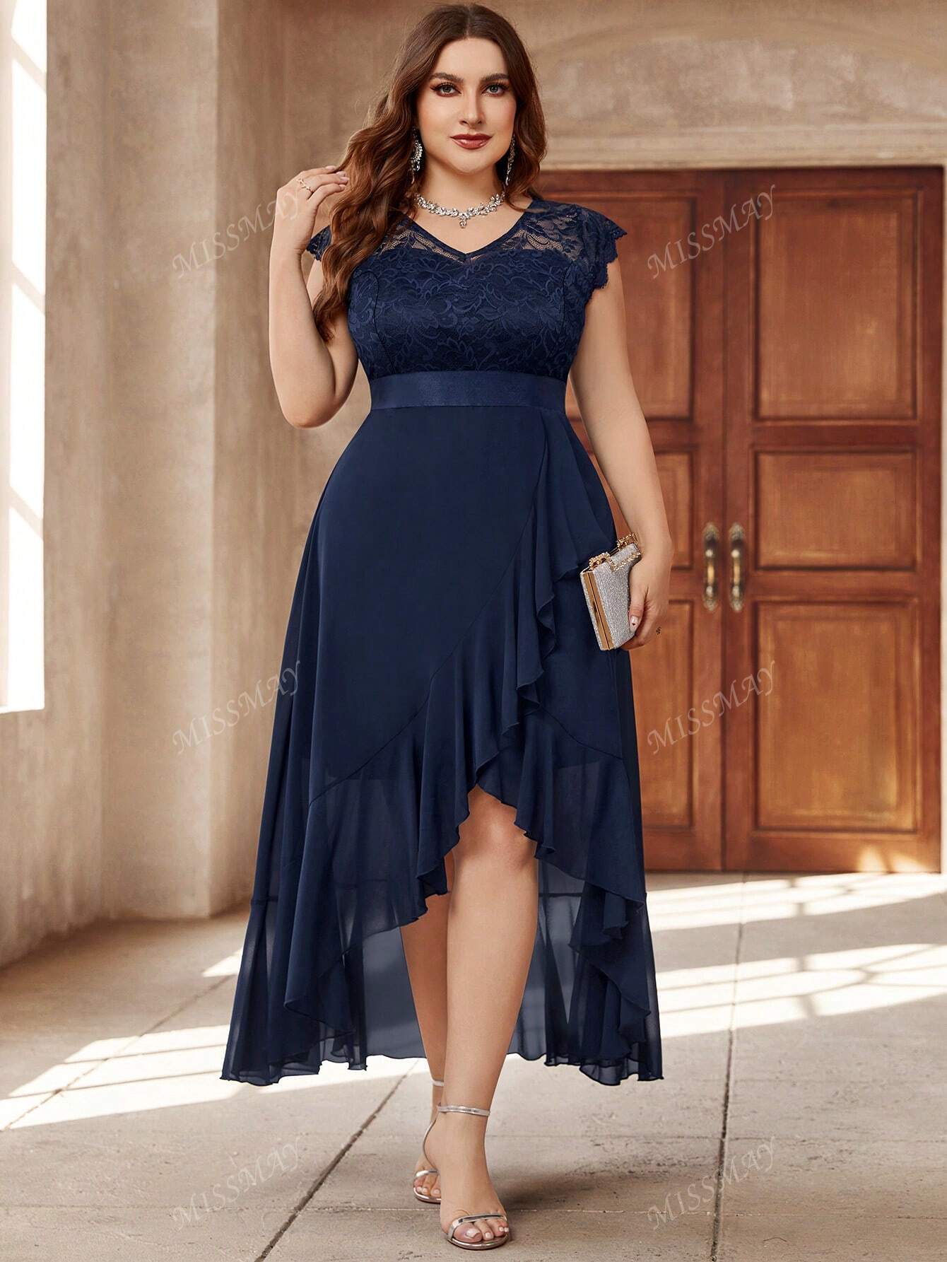 Plus Contrast Lace Chiffon Ruffle Split Hem Formal Party Long Dress