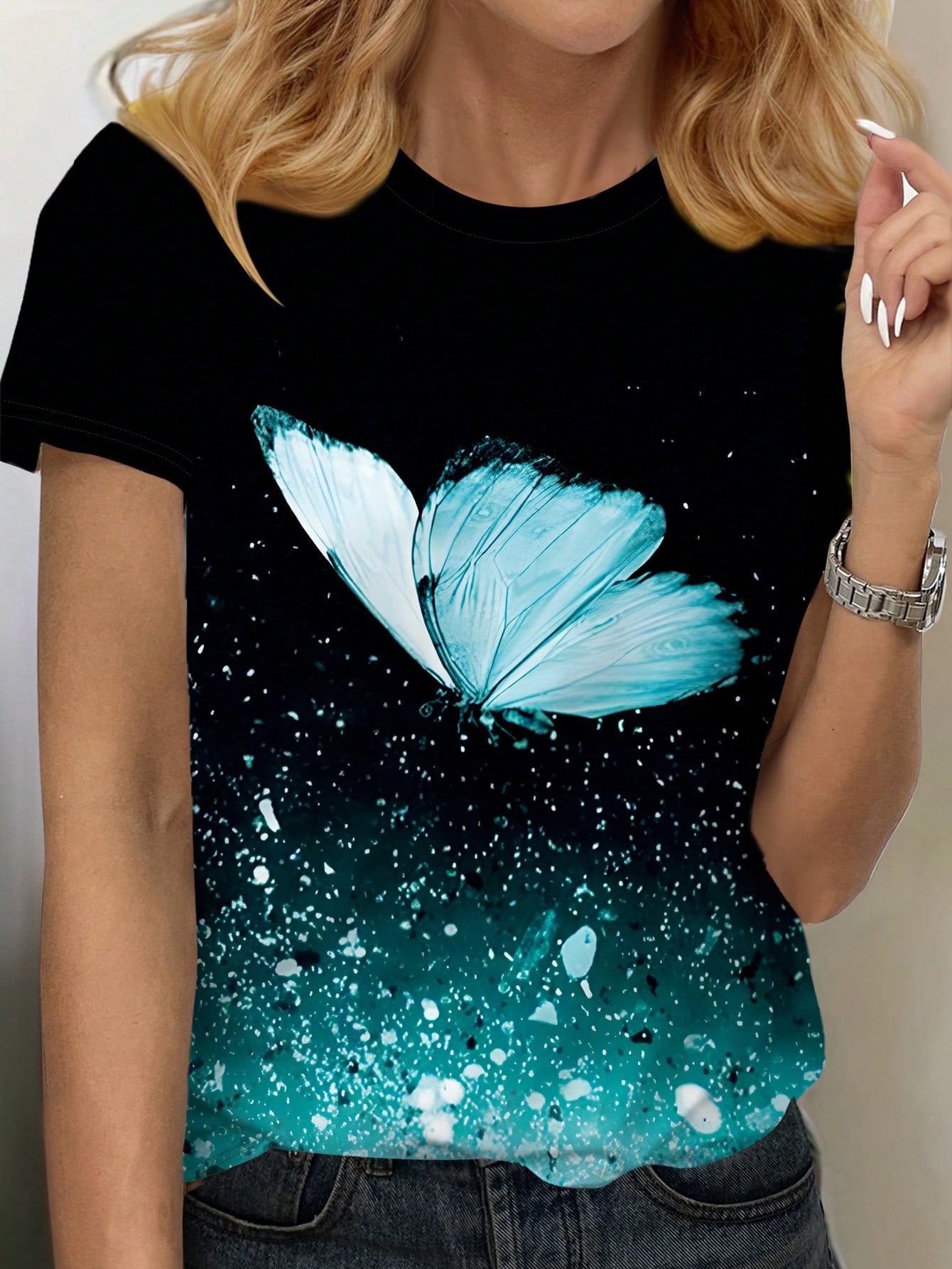 LUNE Women's 3D Effect Ditsy Floral Butterfly Ombre Printed Short Sleeve T-Shirt, Spring/Summer