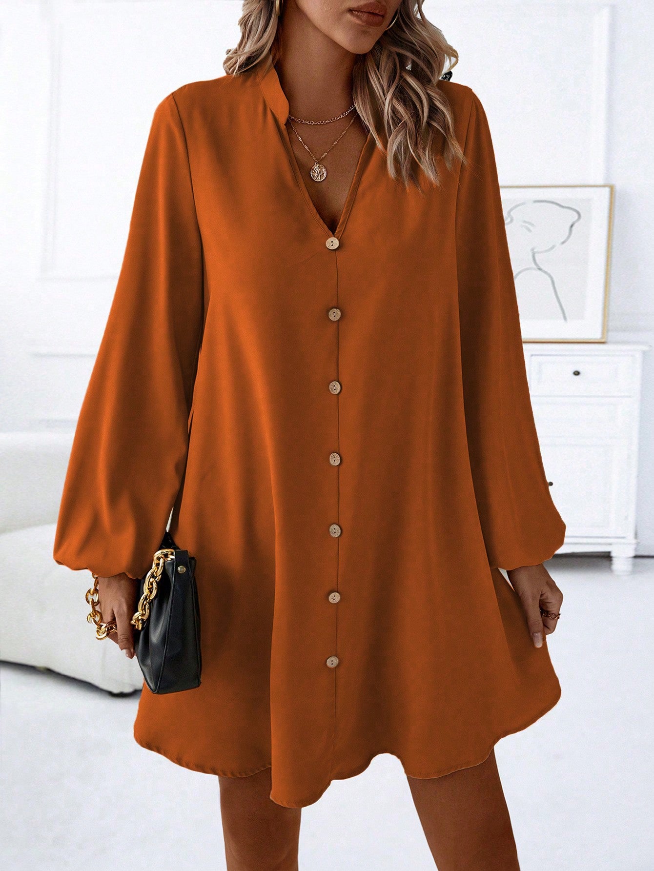 LUNE Notched Neckline Lantern Sleeve Button Front Dress