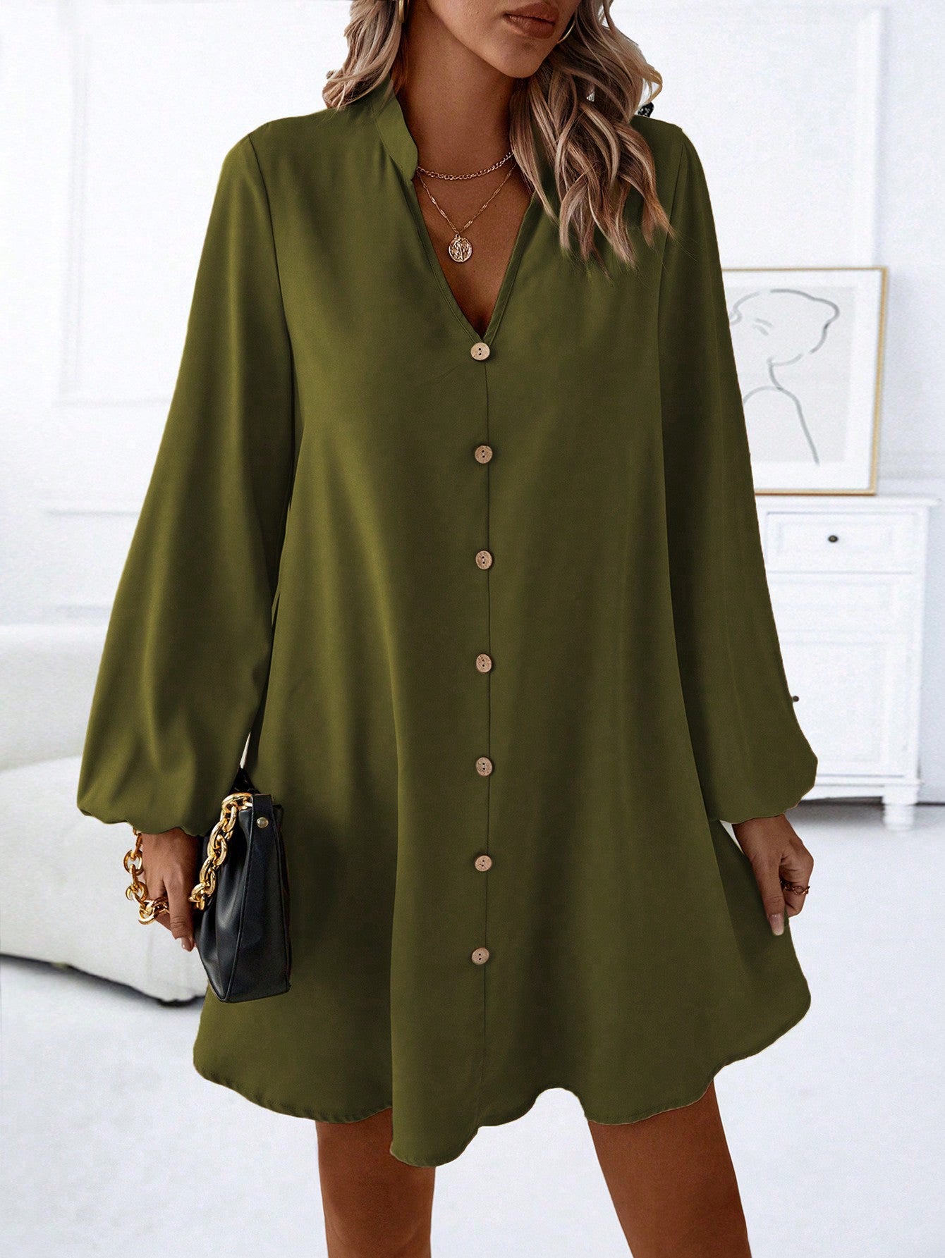 LUNE Notched Neckline Lantern Sleeve Button Front Dress