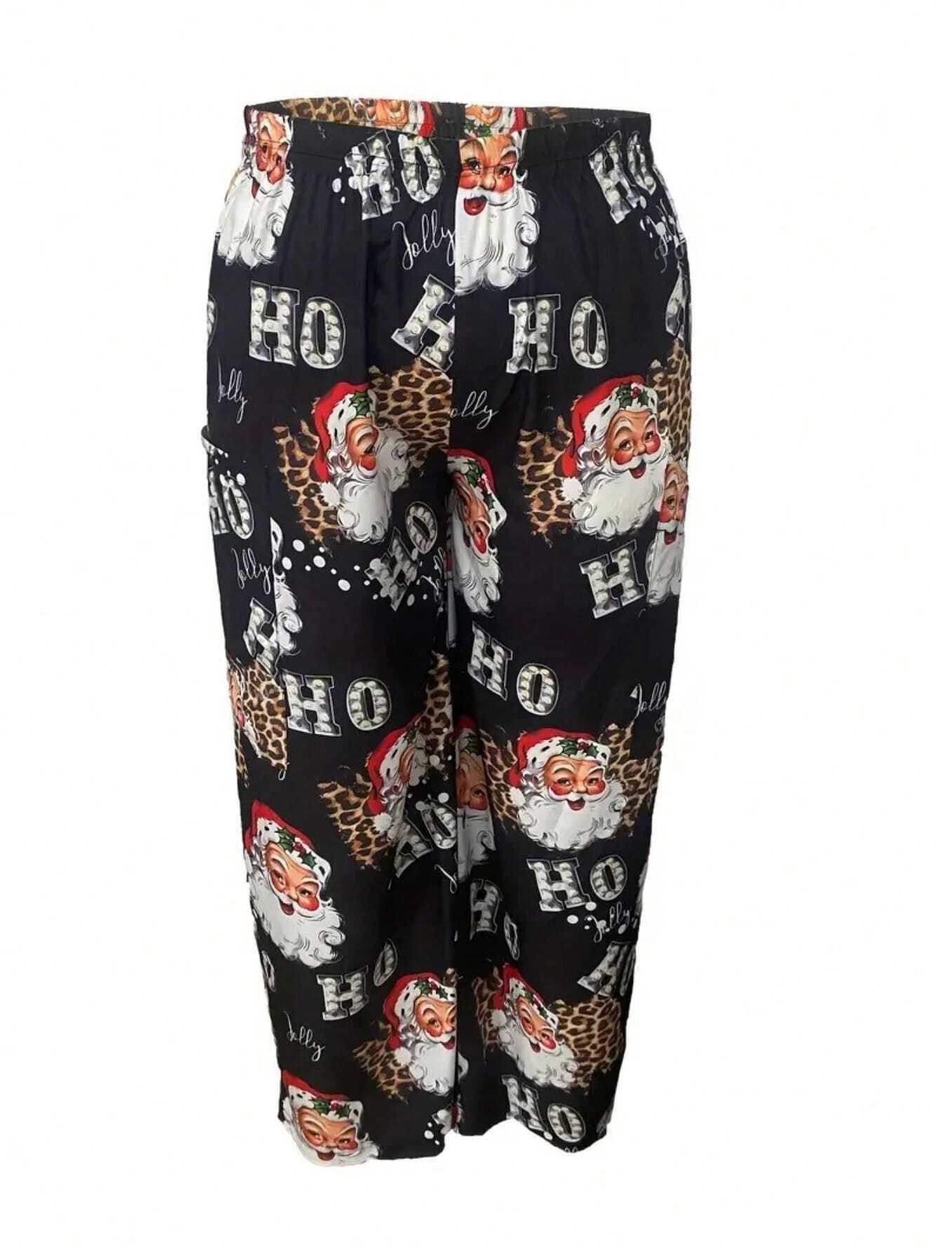 Plus Christmas Graphic Print Straight Leg Pocket Pants