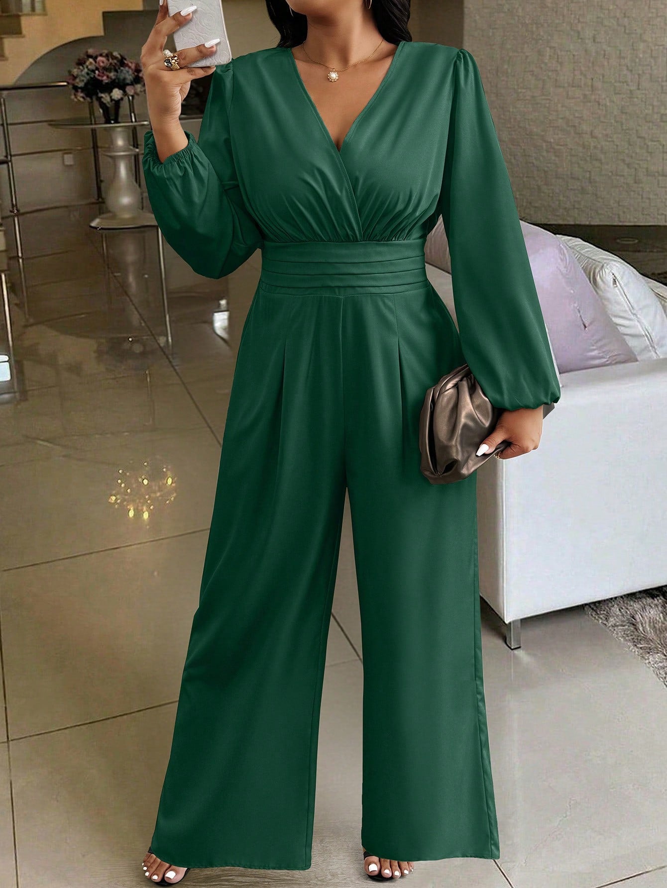 Privé Plus Size Solid V-Neck Long Sleeve Ruched Casual Jumpsuit