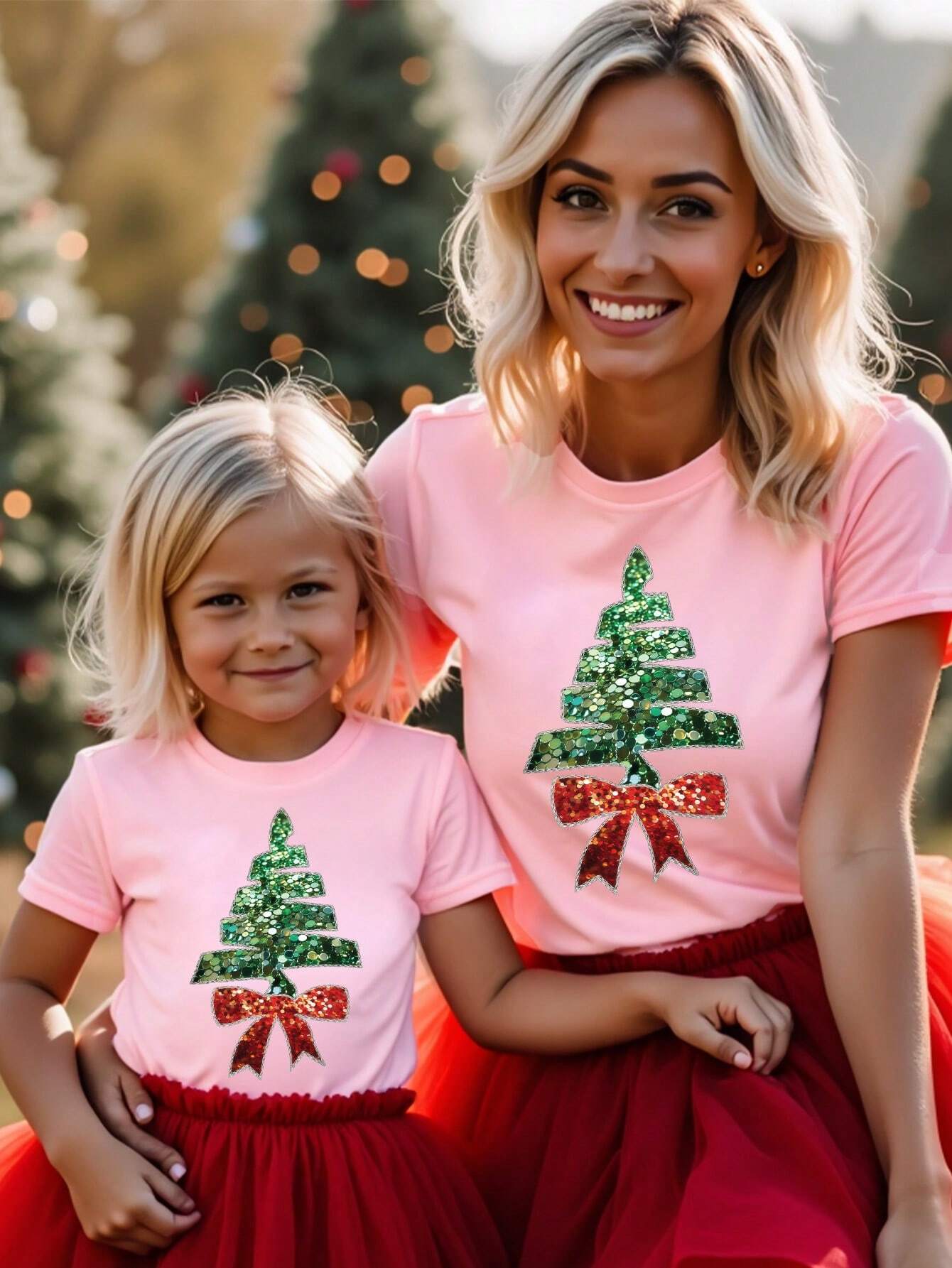 2pcs Young Girl Christmas Casual Shiny Sequin Bow & Christmas Tree Pattern Short Sleeve T-Shirt, Mommy And Me Matching Outfits (Sold Separately)