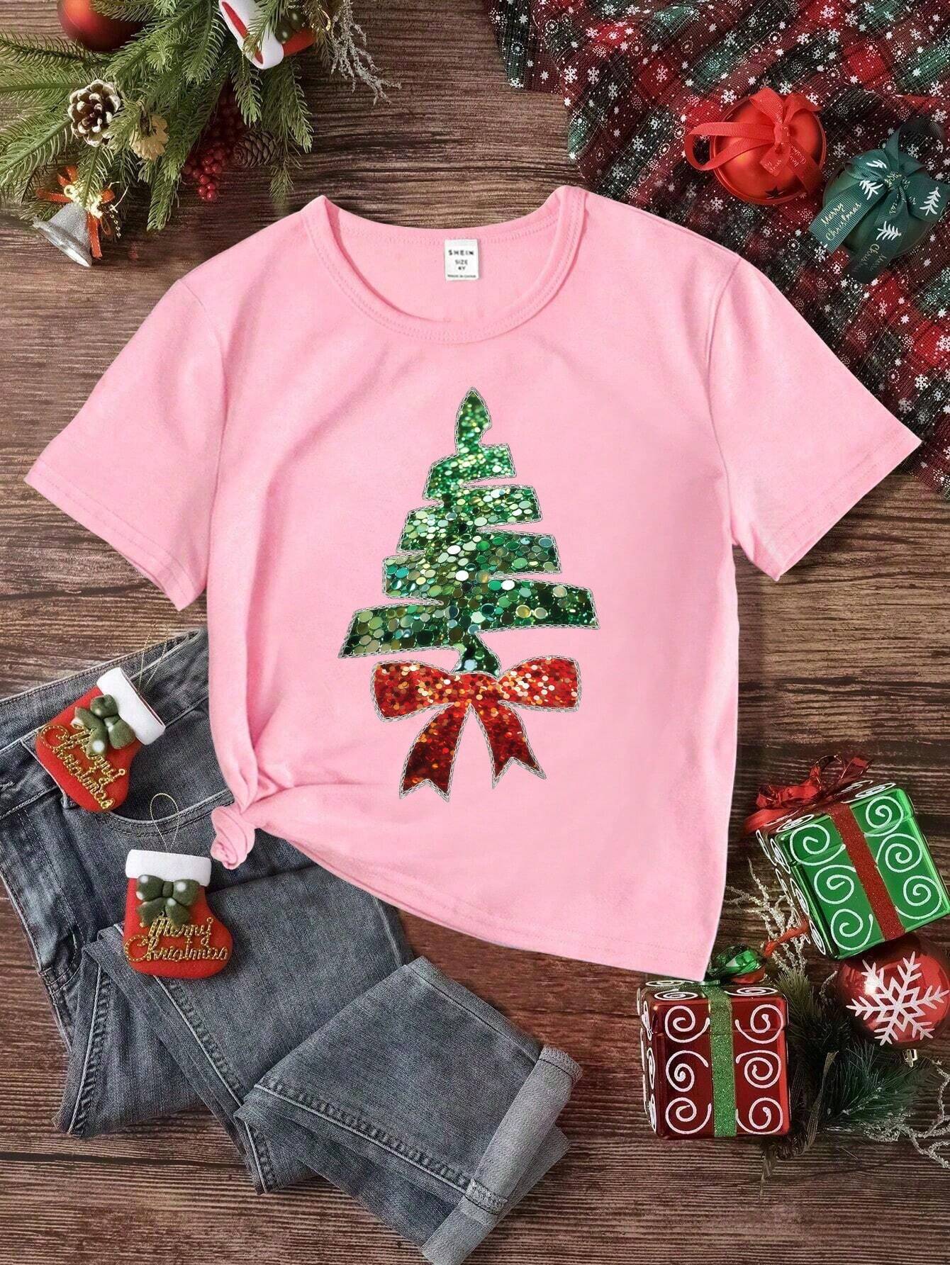 2pcs Young Girl Christmas Casual Shiny Sequin Bow & Christmas Tree Pattern Short Sleeve T-Shirt, Mommy And Me Matching Outfits (Sold Separately)