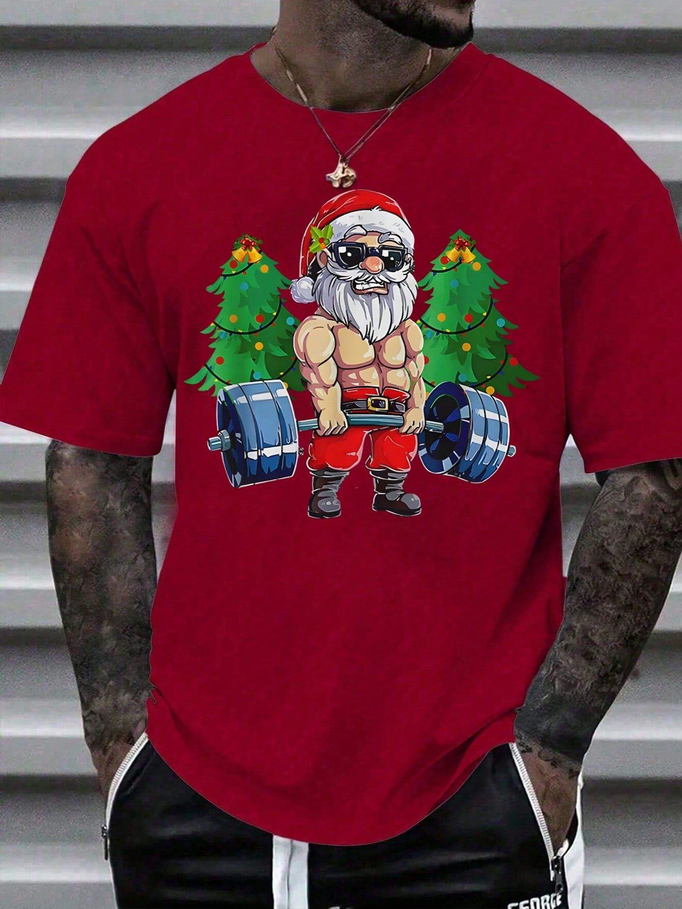 Men's Casual Christmas Themed Print - Santa Claus With Sunglasses, Christmas Tree Short Sleeve T-Shirt