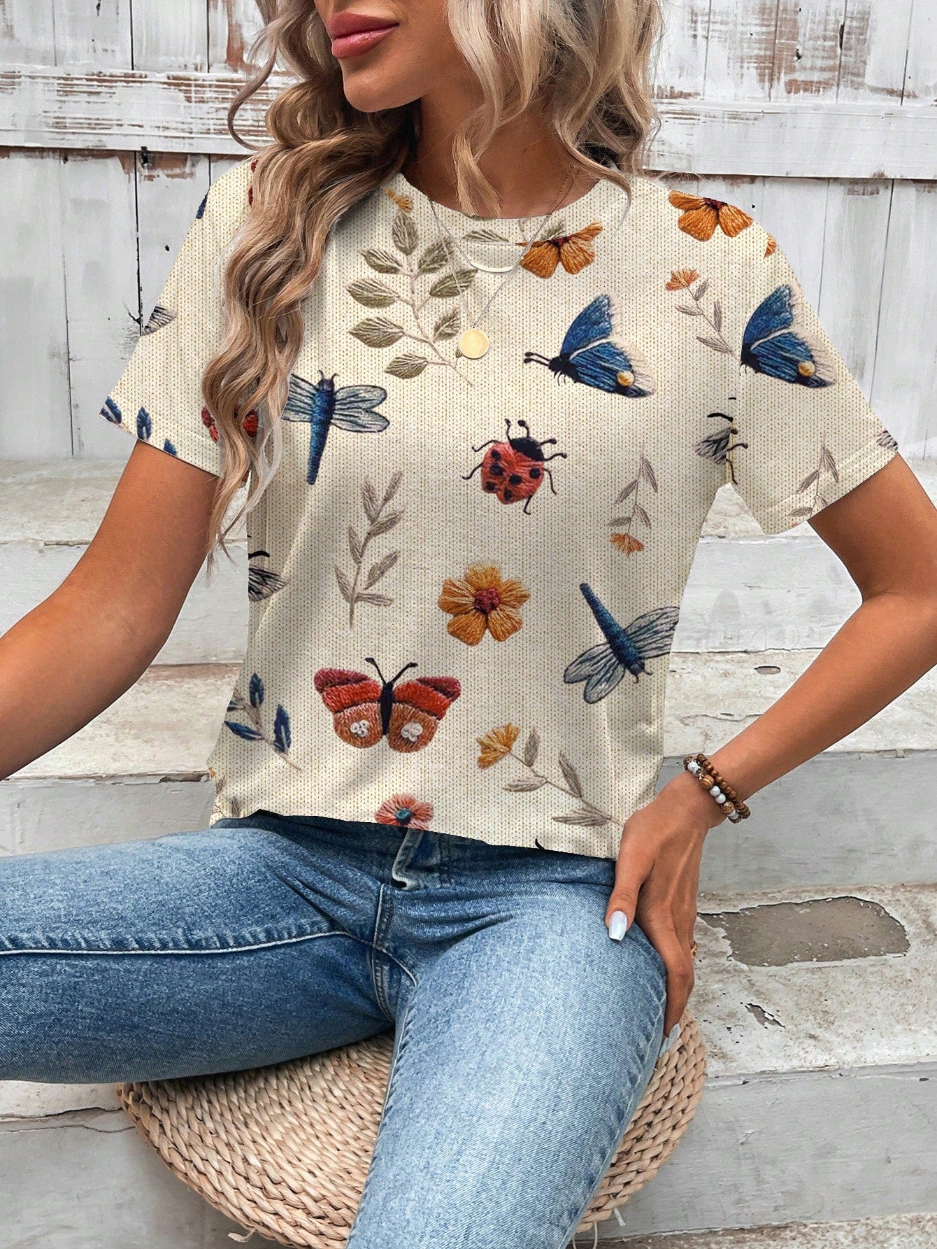 EMERY ROSE Casual Loose Round Neck Butterfly & Floral Print Short Sleeve T-Shirt For Women, Suitable For Summer