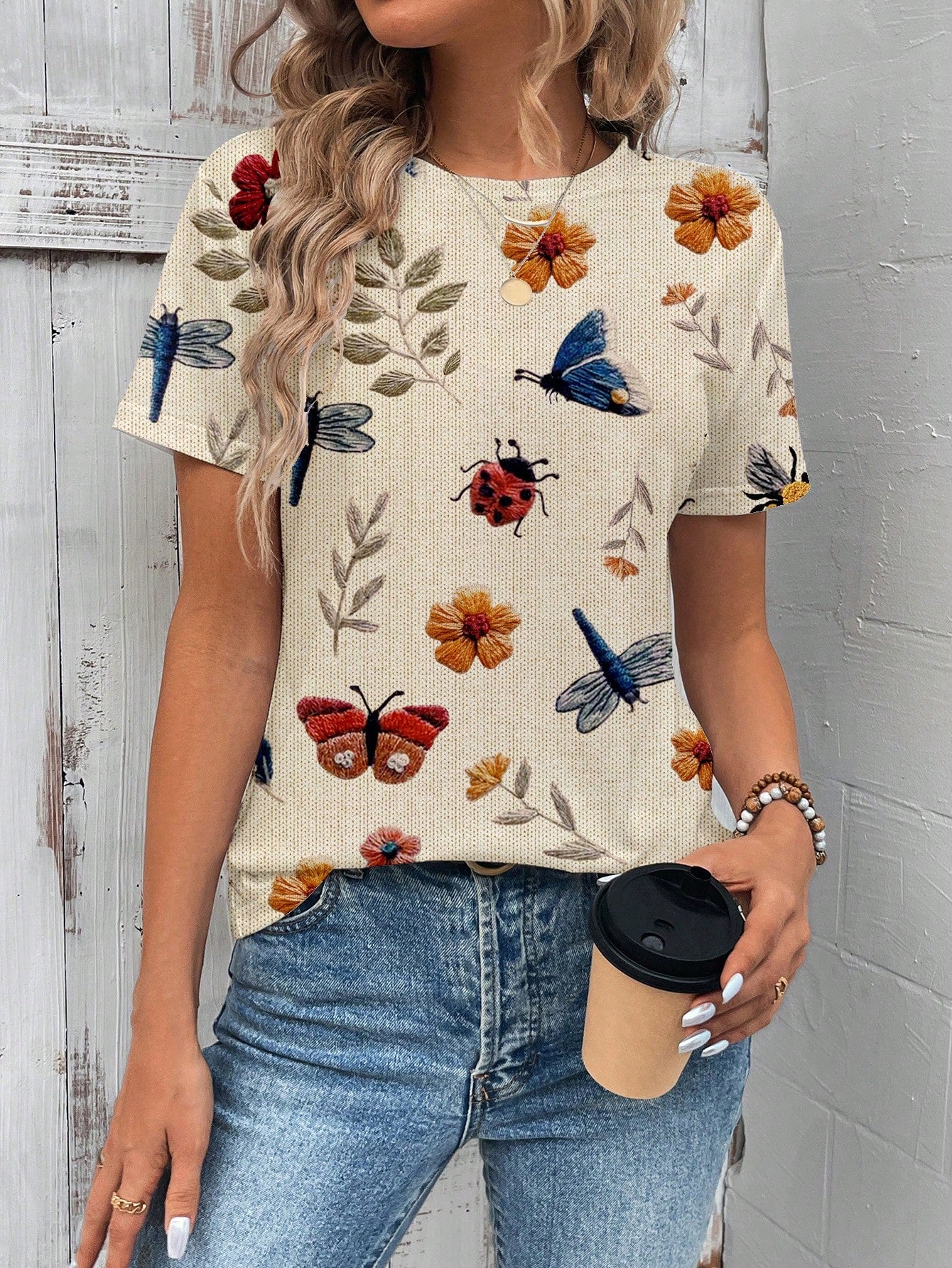 EMERY ROSE Casual Loose Round Neck Butterfly & Floral Print Short Sleeve T-Shirt For Women, Suitable For Summer