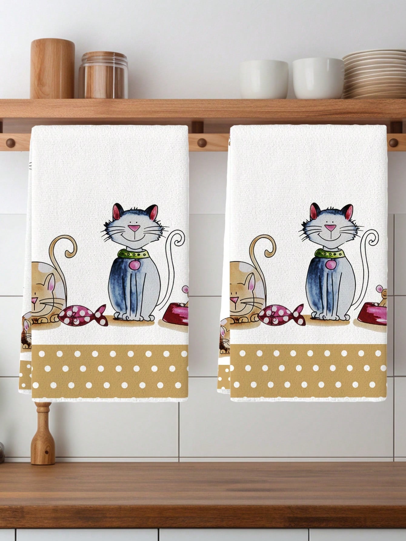 2pcs Watercolor Cat Bulldog & Bear Print Kitchen Towel Set