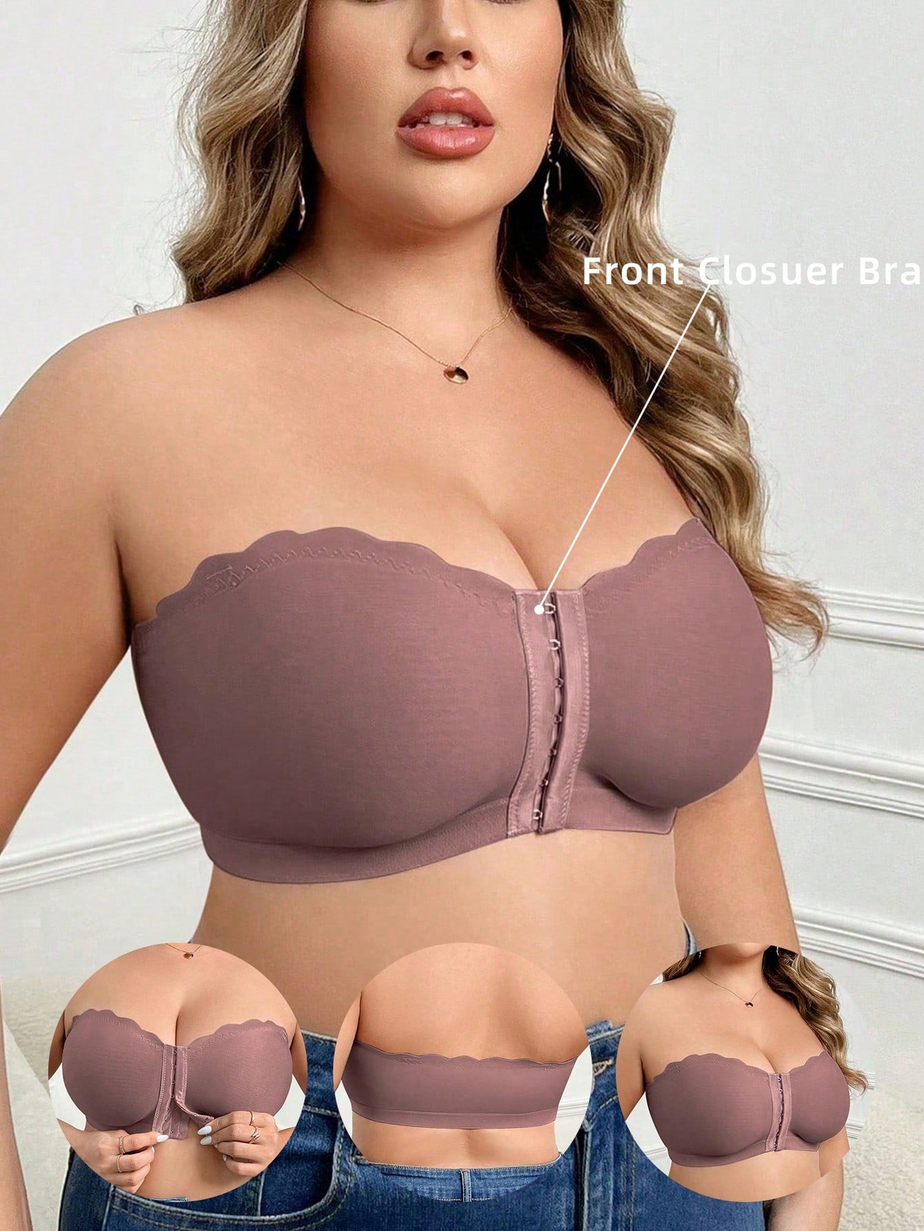 Plus Size Women Solid Color Wirefree Front Closure Bustier Bra