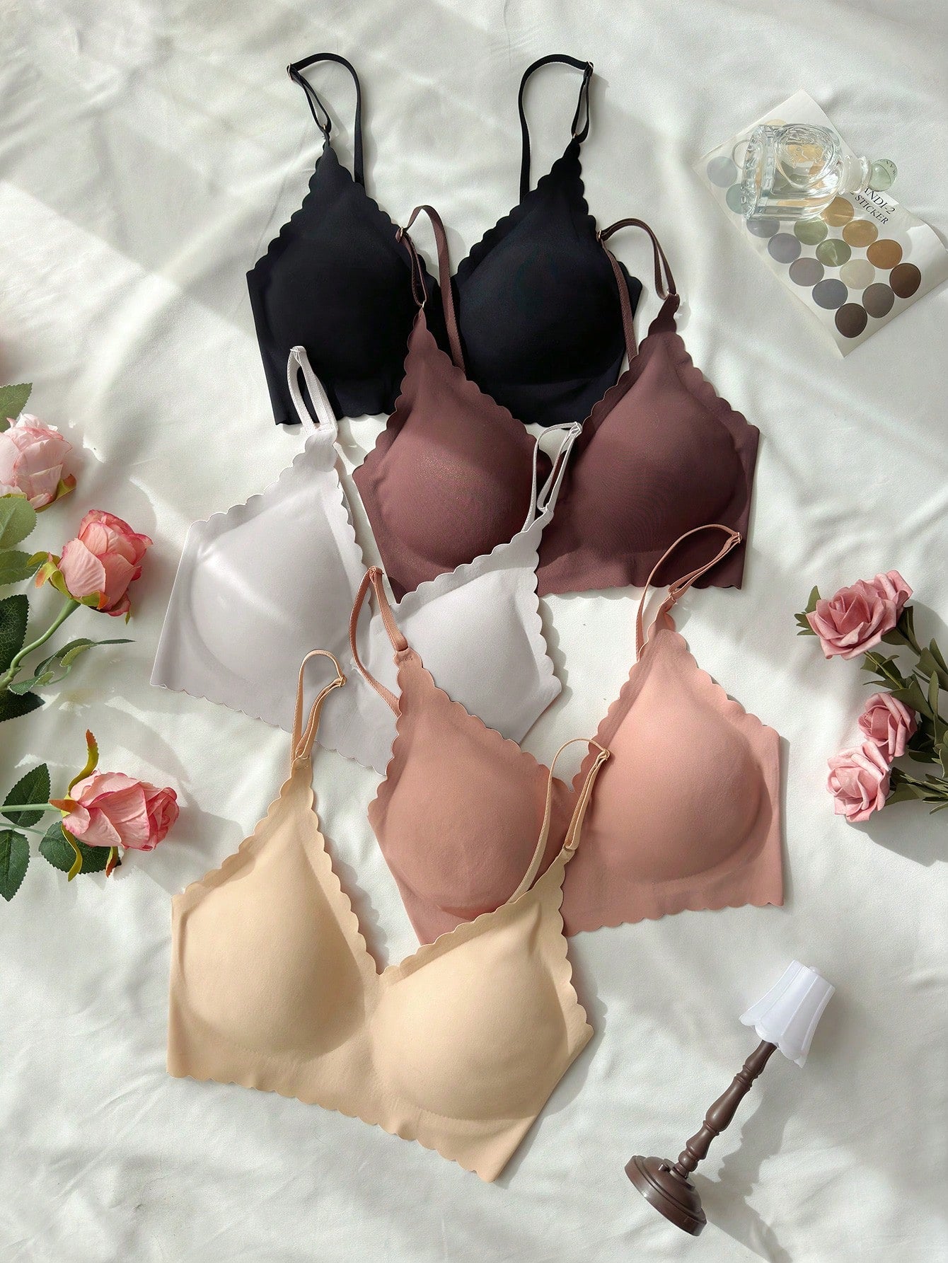 5pcs Women Seamless Solid Color Shell Edge Bra