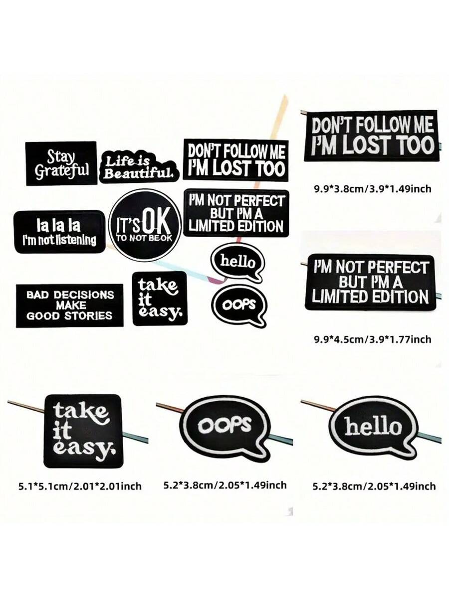 10pcs Iron-On/Sew-On Embroidered Patches With Inspirational Quotes, Black And White, For Clothing, Jackets, Hats, Backpacks, Jeans - DIY Decorative Text Badge Appliques