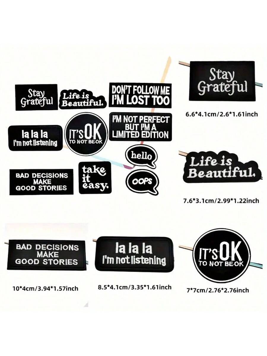 10pcs Iron-On/Sew-On Embroidered Patches With Inspirational Quotes, Black And White, For Clothing, Jackets, Hats, Backpacks, Jeans - DIY Decorative Text Badge Appliques