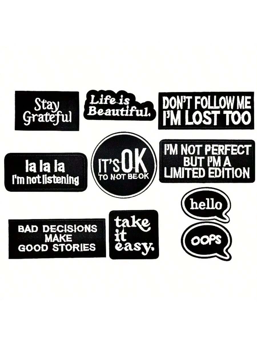 10pcs Iron-On/Sew-On Embroidered Patches With Inspirational Quotes, Black And White, For Clothing, Jackets, Hats, Backpacks, Jeans - DIY Decorative Text Badge Appliques