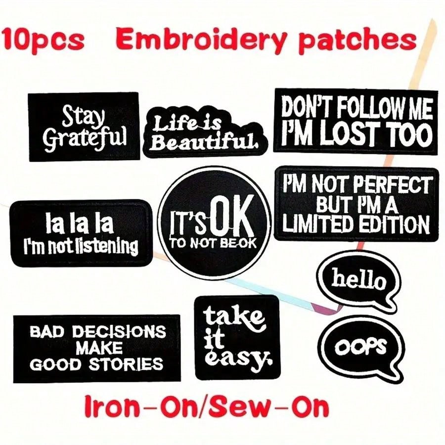 10pcs Iron-On/Sew-On Embroidered Patches With Inspirational Quotes, Black And White, For Clothing, Jackets, Hats, Backpacks, Jeans - DIY Decorative Text Badge Appliques