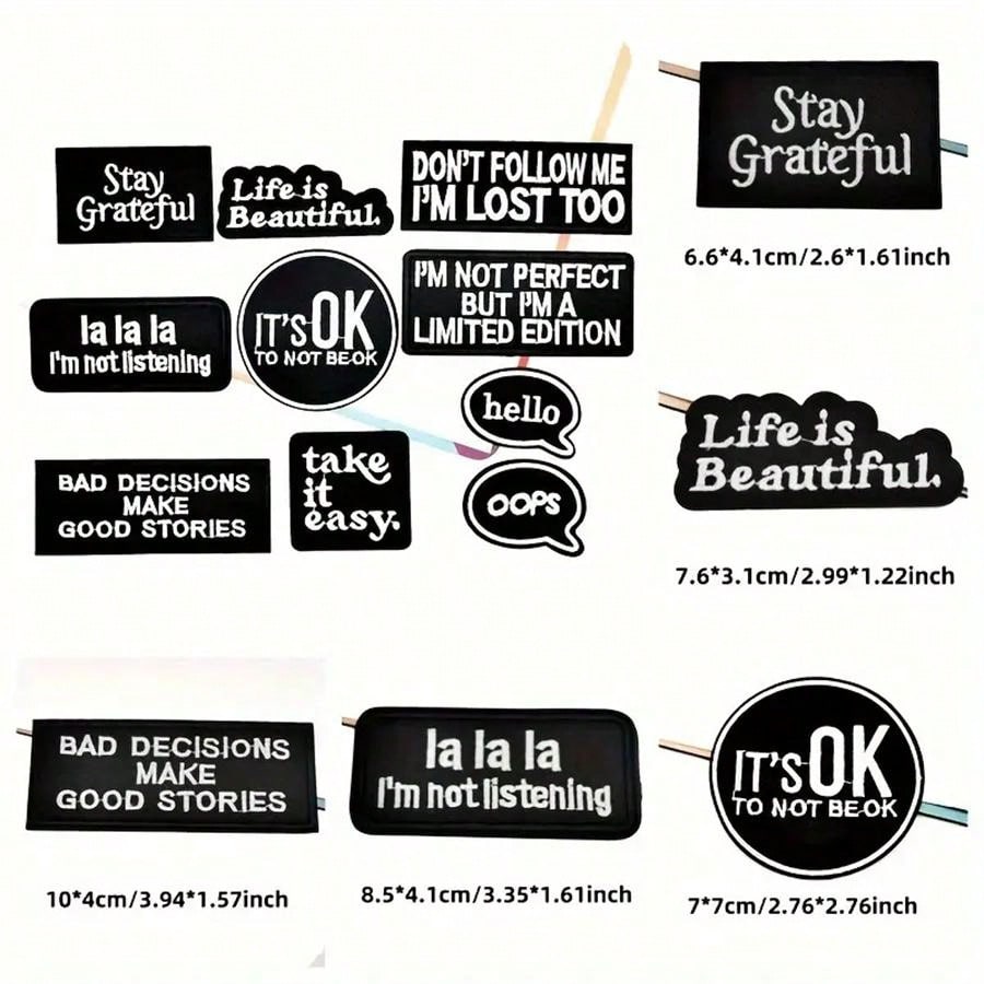 10pcs Iron-On/Sew-On Embroidered Patches With Inspirational Quotes, Black And White, For Clothing, Jackets, Hats, Backpacks, Jeans - DIY Decorative Text Badge Appliques