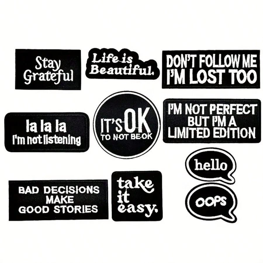 10pcs Iron-On/Sew-On Embroidered Patches With Inspirational Quotes, Black And White, For Clothing, Jackets, Hats, Backpacks, Jeans - DIY Decorative Text Badge Appliques