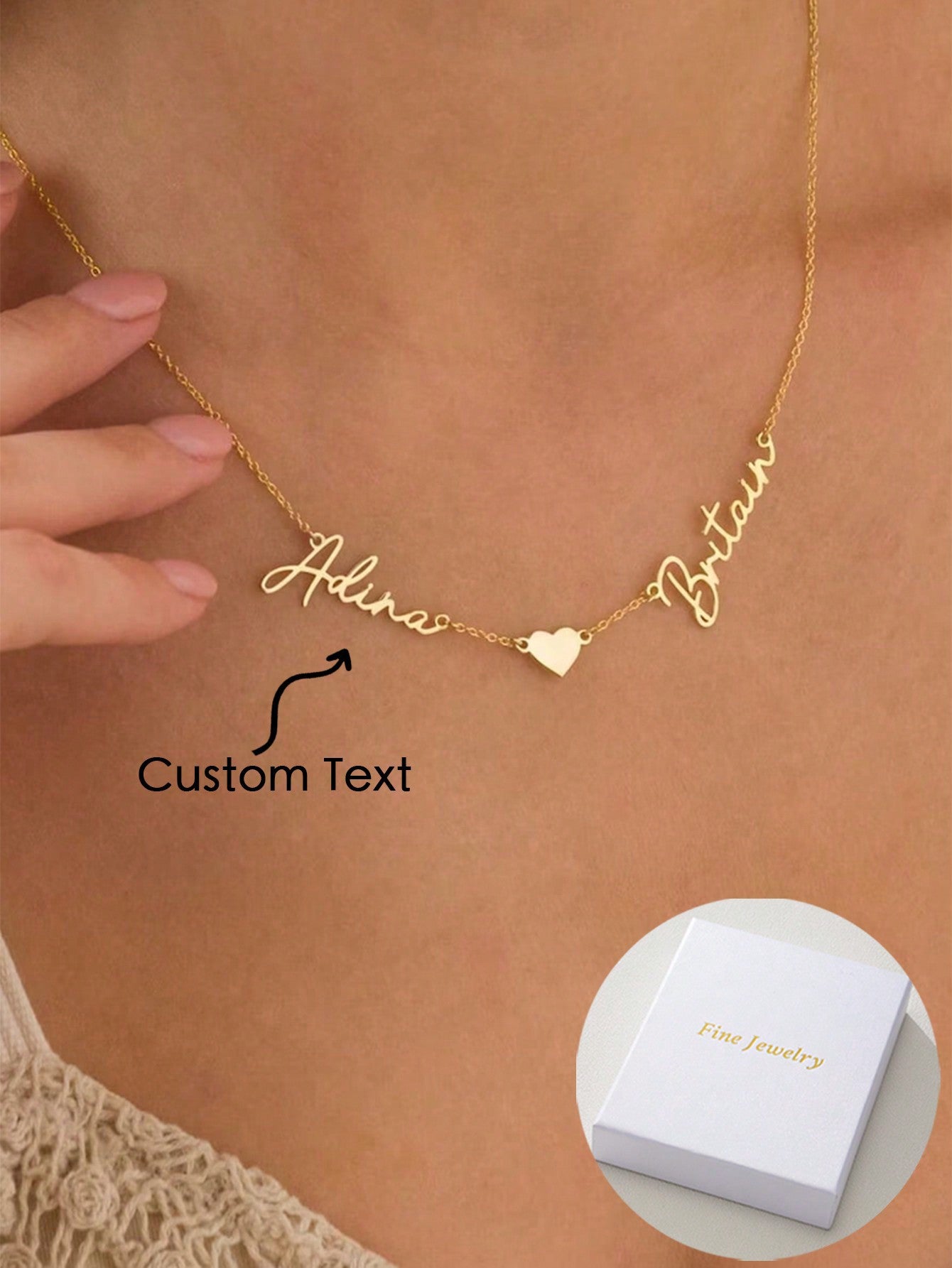 1pc Customized Couple/Family Name English Alphabet & Number Heart Shaped Pendant Double Name Necklace Gift Silver,Yellow Gold Stylish,Fall Fashion,Casual,Contracted,Simple,Old Money,Cuties Custom,Personalized,Unique Ideal Gifts For Her Girlfriend,Mom,Fam