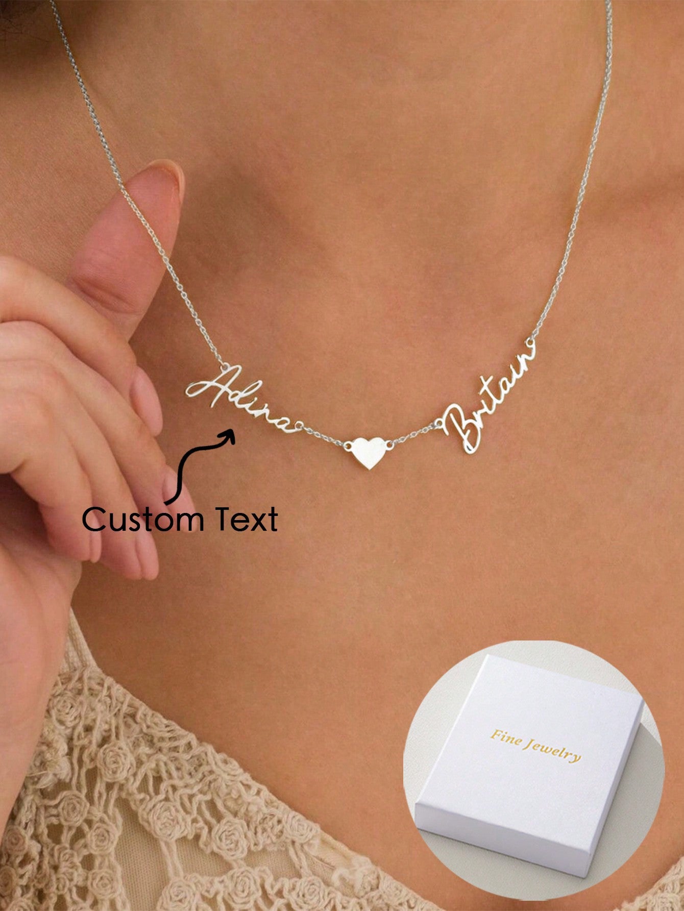 1pc Customized Couple/Family Name English Alphabet & Number Heart Shaped Pendant Double Name Necklace Gift Silver,Yellow Gold Stylish,Fall Fashion,Casual,Contracted,Simple,Old Money,Cuties Custom,Personalized,Unique Ideal Gifts For Her Girlfriend,Mom,Fam