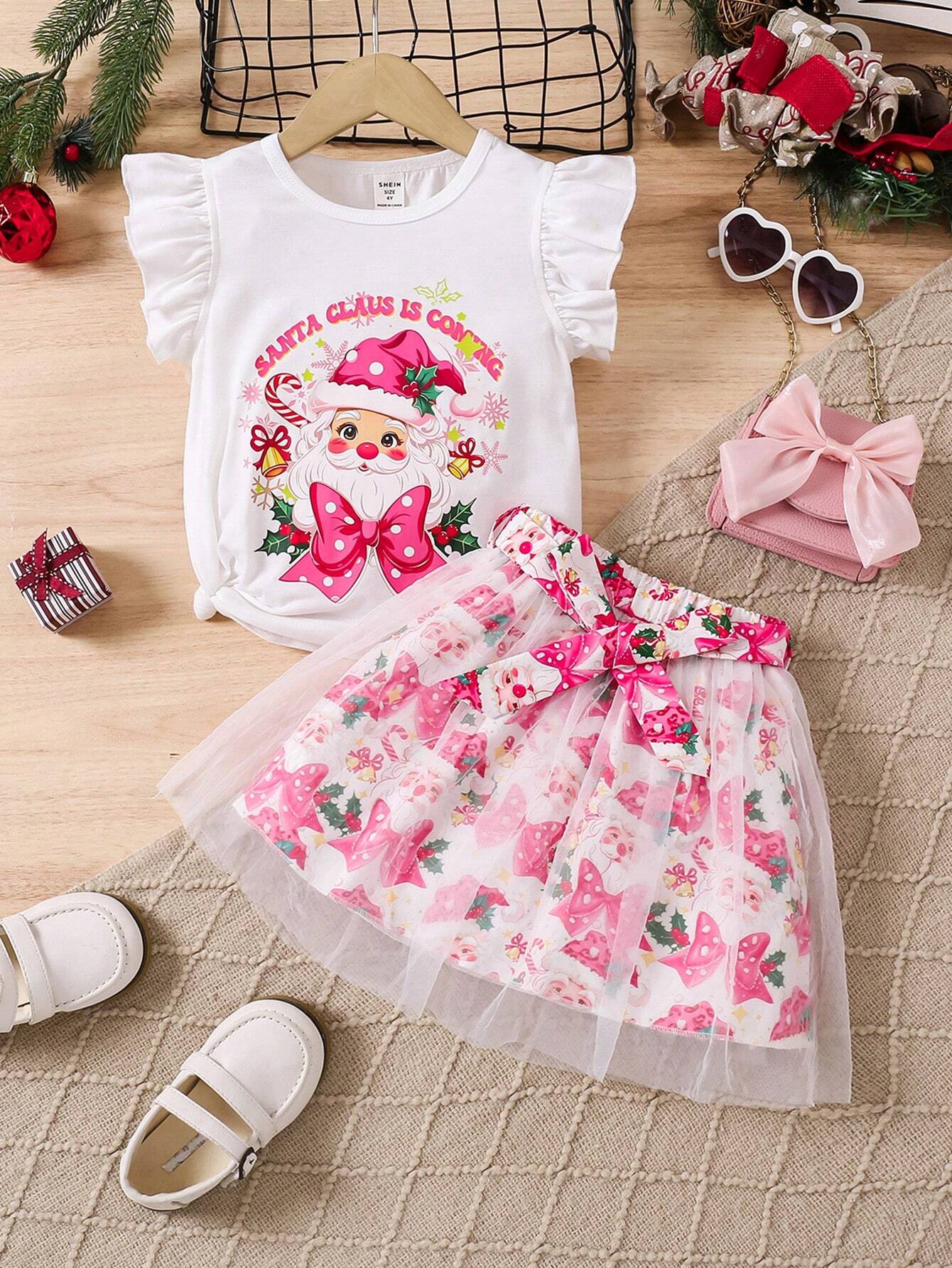 2pcs Young Girl Christmas Santa Claus & Bow Print Ruffle Collar Top And Mesh Patchwork Skirt Set