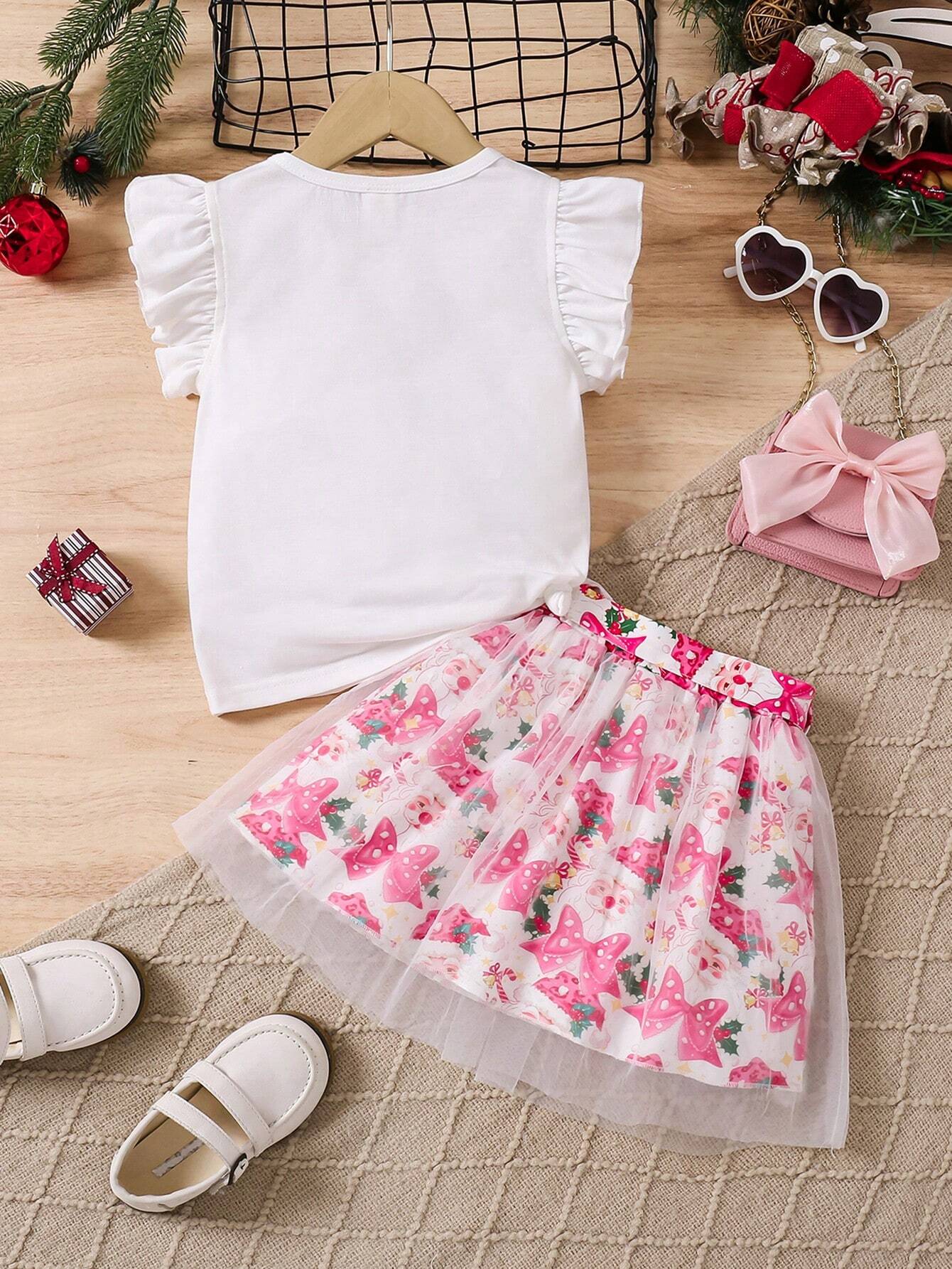 2pcs Young Girl Christmas Santa Claus & Bow Print Ruffle Collar Top And Mesh Patchwork Skirt Set