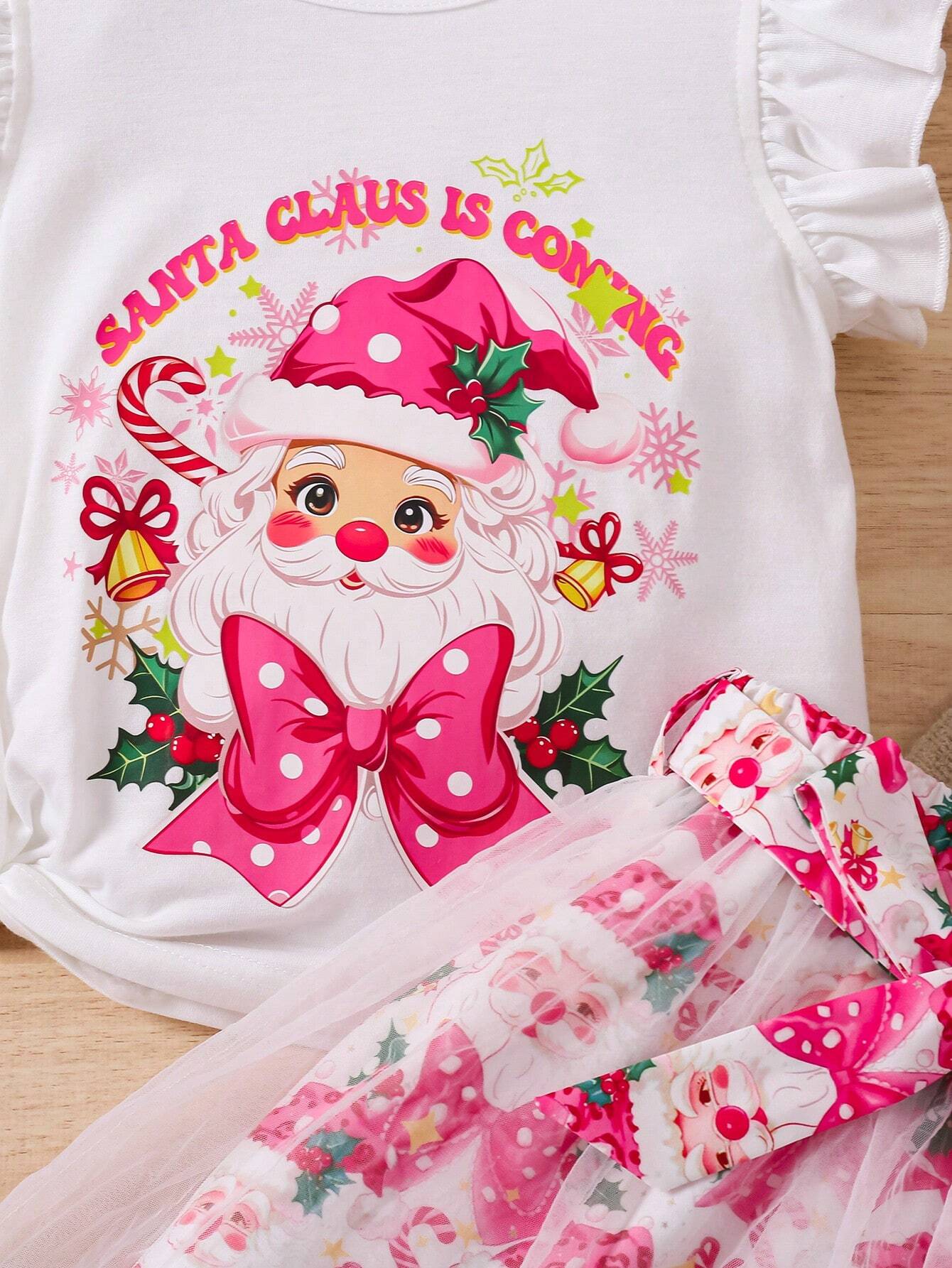 2pcs Young Girl Christmas Santa Claus & Bow Print Ruffle Collar Top And Mesh Patchwork Skirt Set