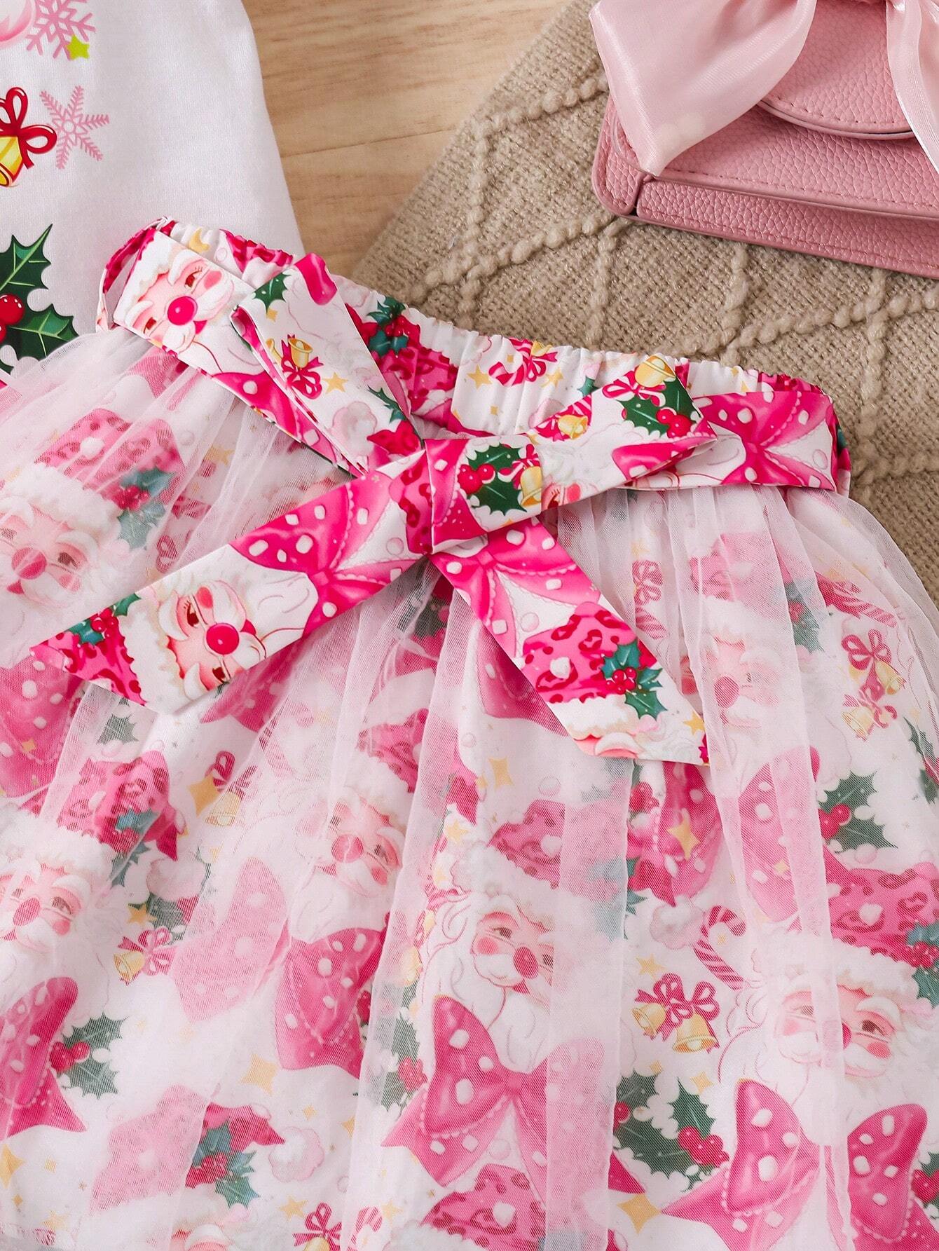 2pcs Young Girl Christmas Santa Claus & Bow Print Ruffle Collar Top And Mesh Patchwork Skirt Set