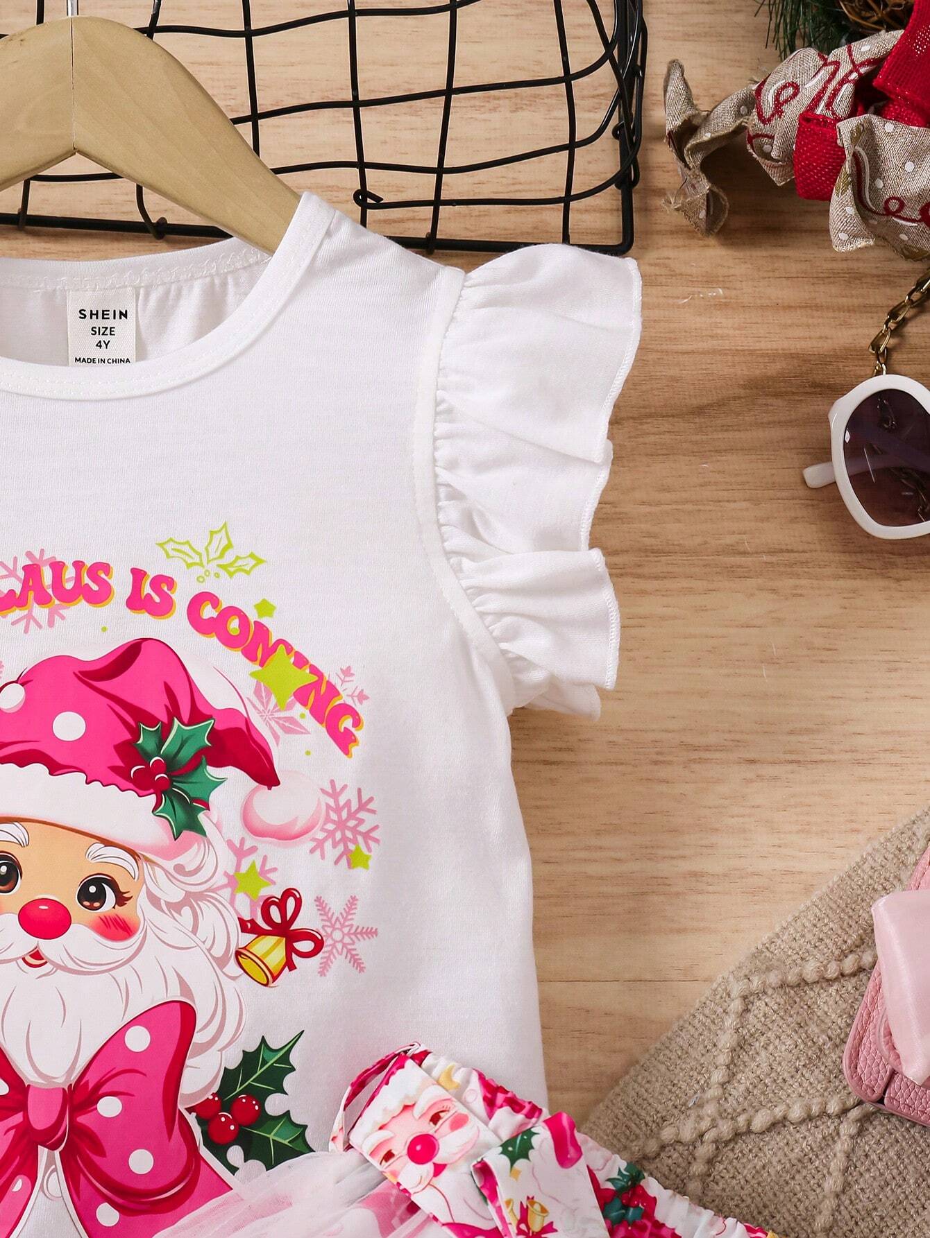 2pcs Young Girl Christmas Santa Claus & Bow Print Ruffle Collar Top And Mesh Patchwork Skirt Set