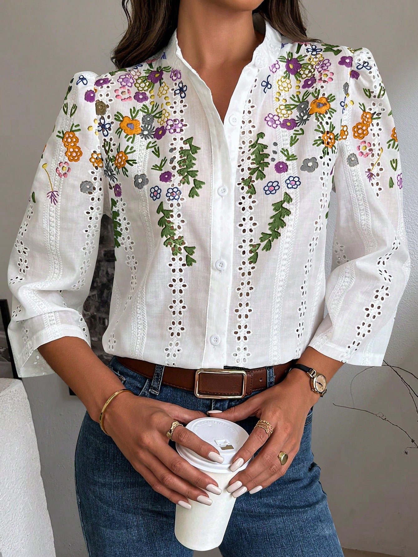 Clasi Floral Embroidery Button Front Shirt