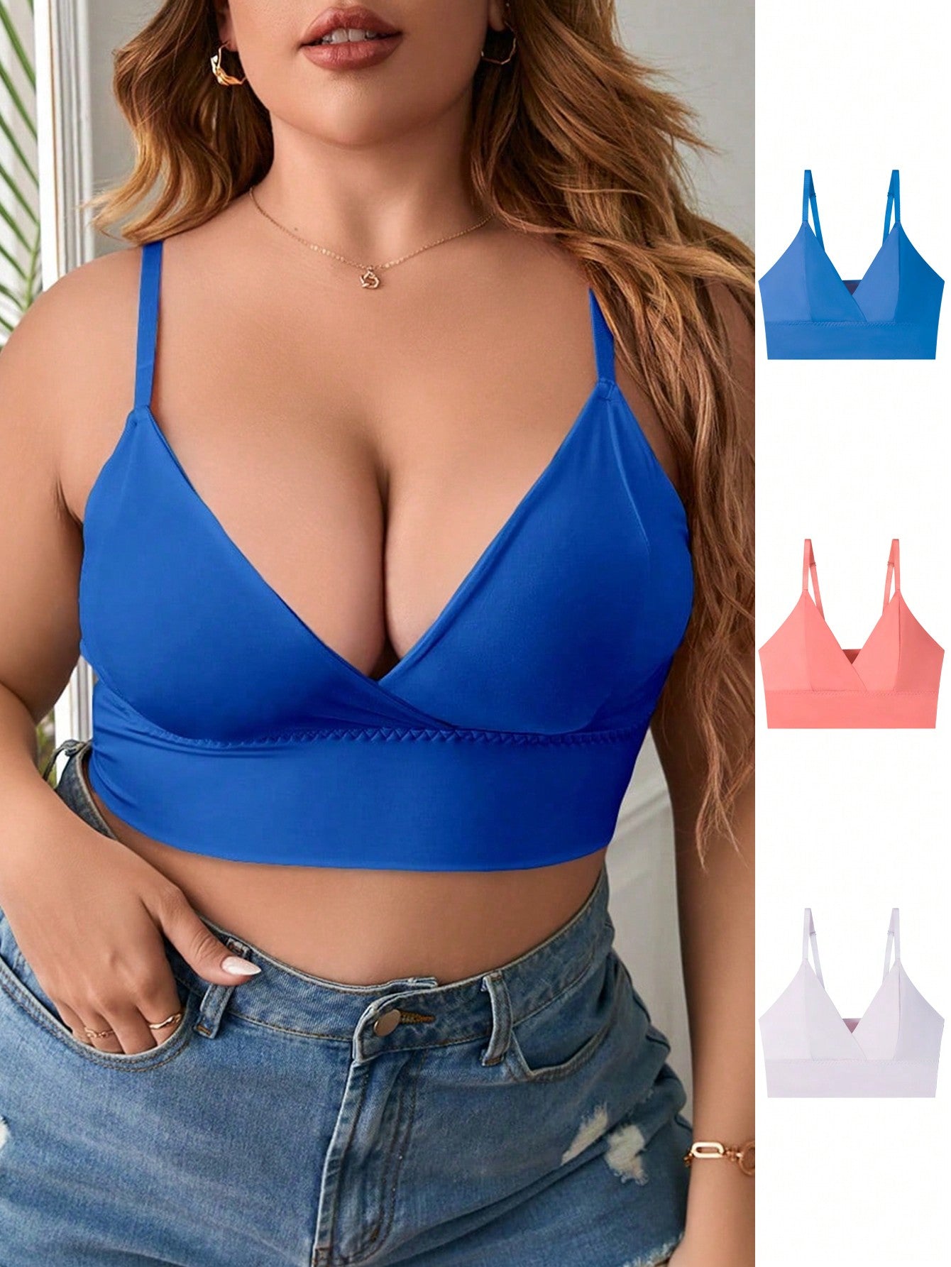 3pcs/Set Plus Size Solid Color Criss-Cross Wrap Spaghetti Strap Wireless Bras