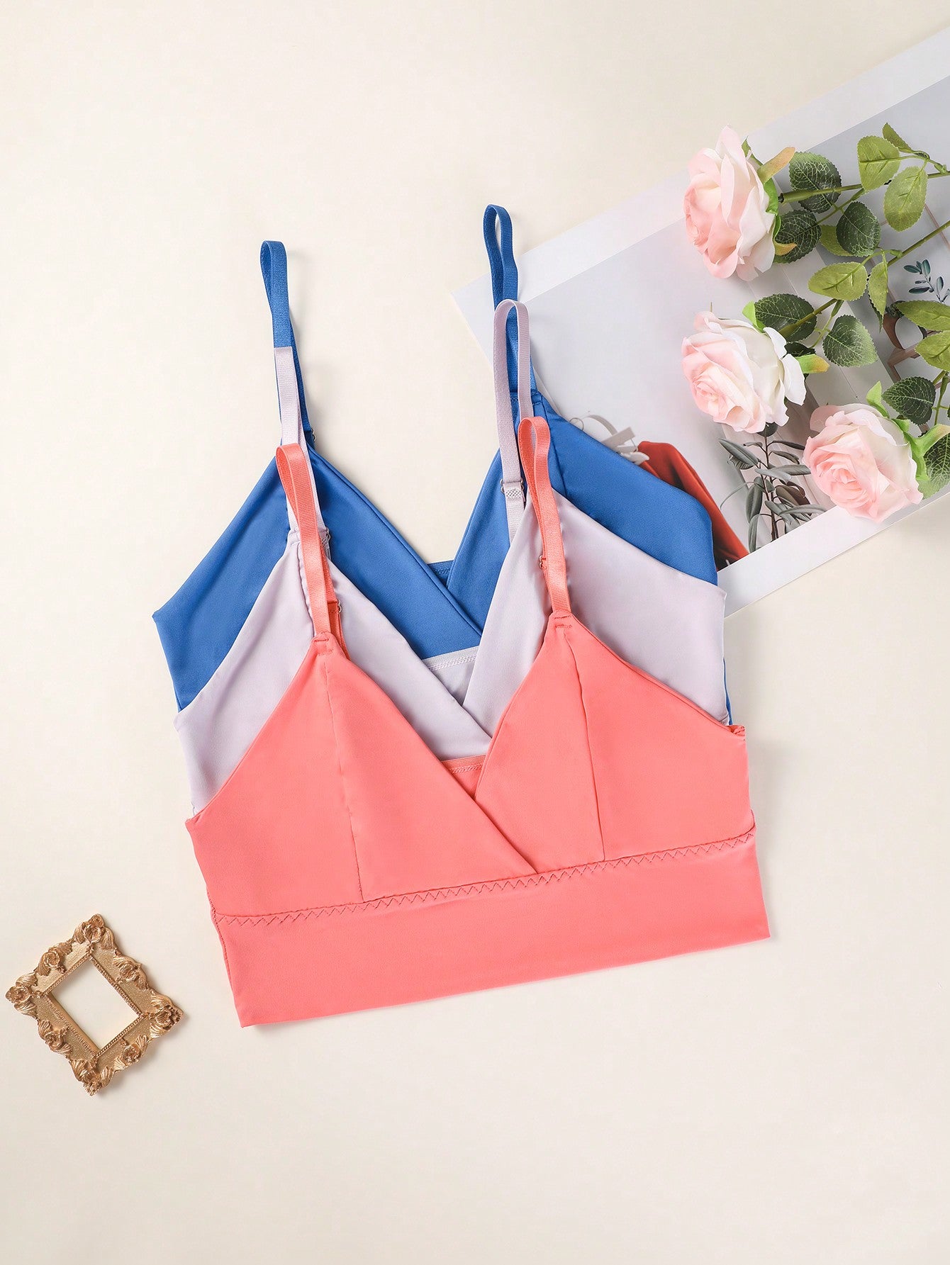 3pcs/Set Plus Size Solid Color Criss-Cross Wrap Spaghetti Strap Wireless Bras