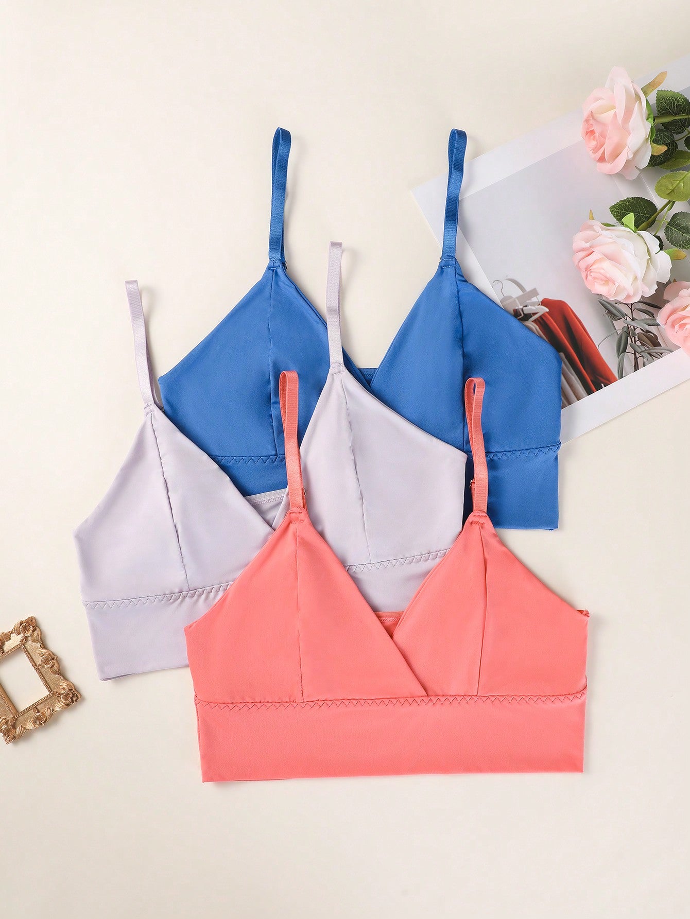 3pcs/Set Plus Size Solid Color Criss-Cross Wrap Spaghetti Strap Wireless Bras