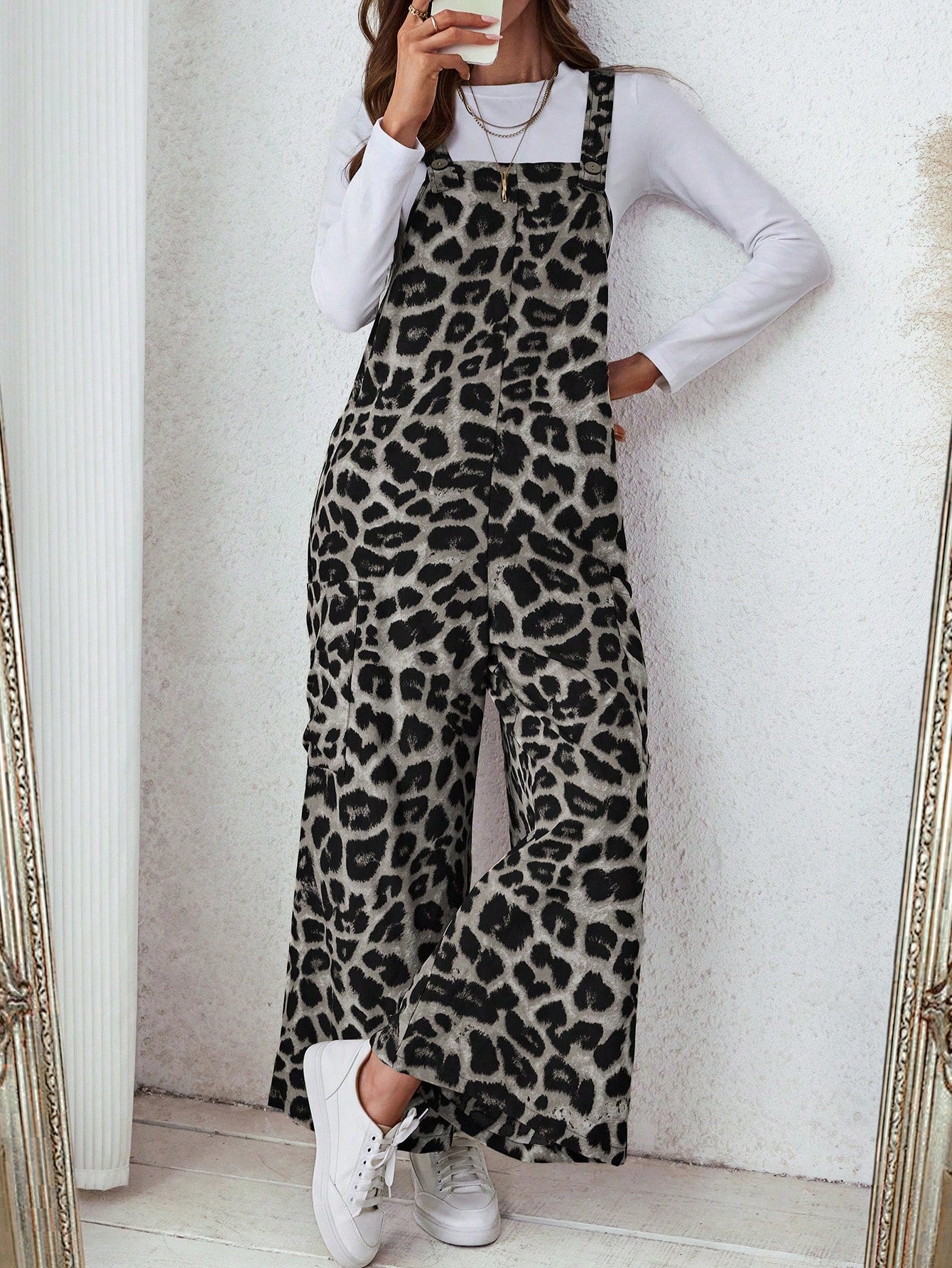 LUNE Women's Casual Leopard Print Loose Jumpsuits With Pockets