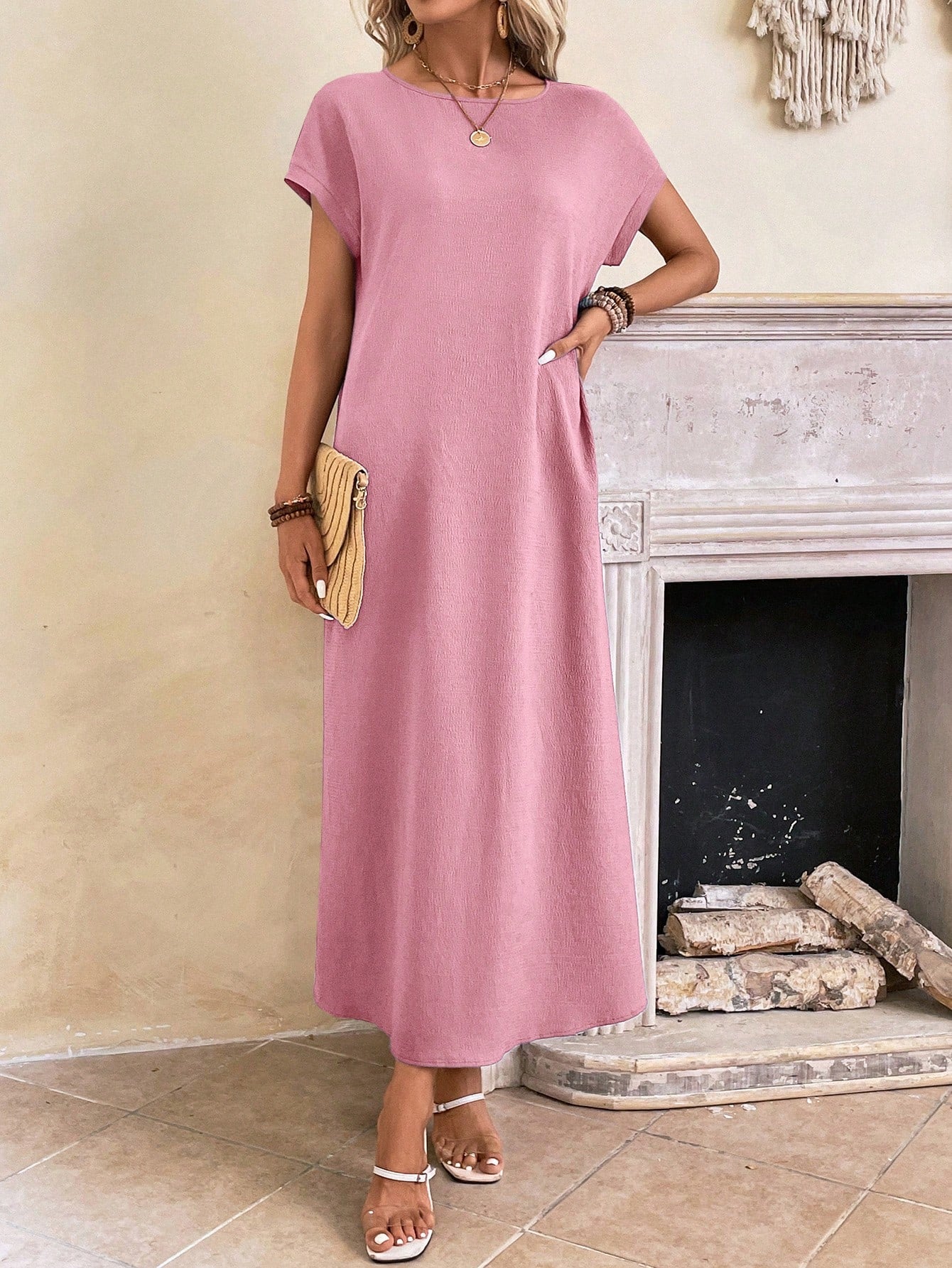 EMERY ROSE Women Casual Solid Color Batwing Sleeve Long Dress For Vacation